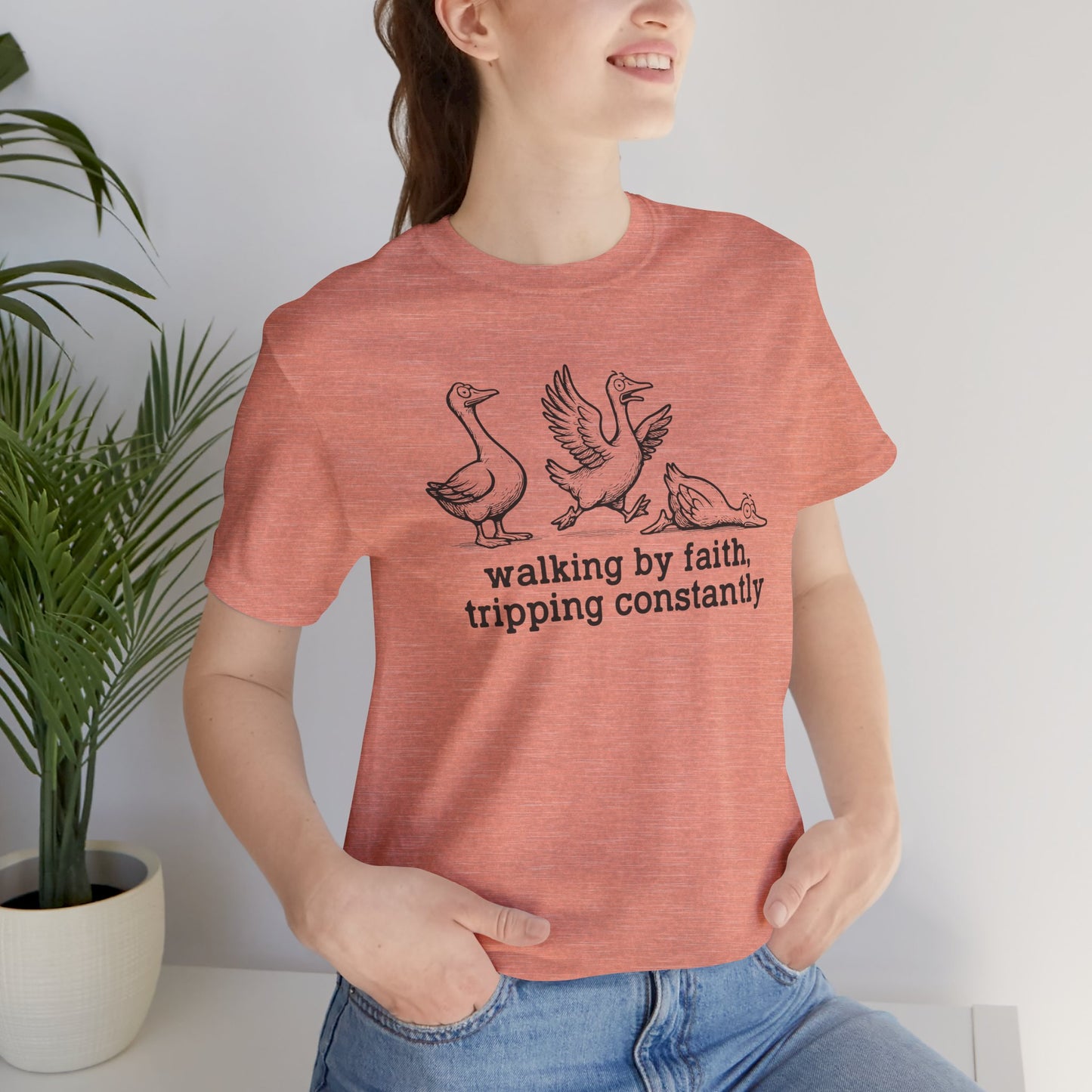 Walking by Faith Unisex Jersey Short Sleeve Tee, Funny T-Shirt