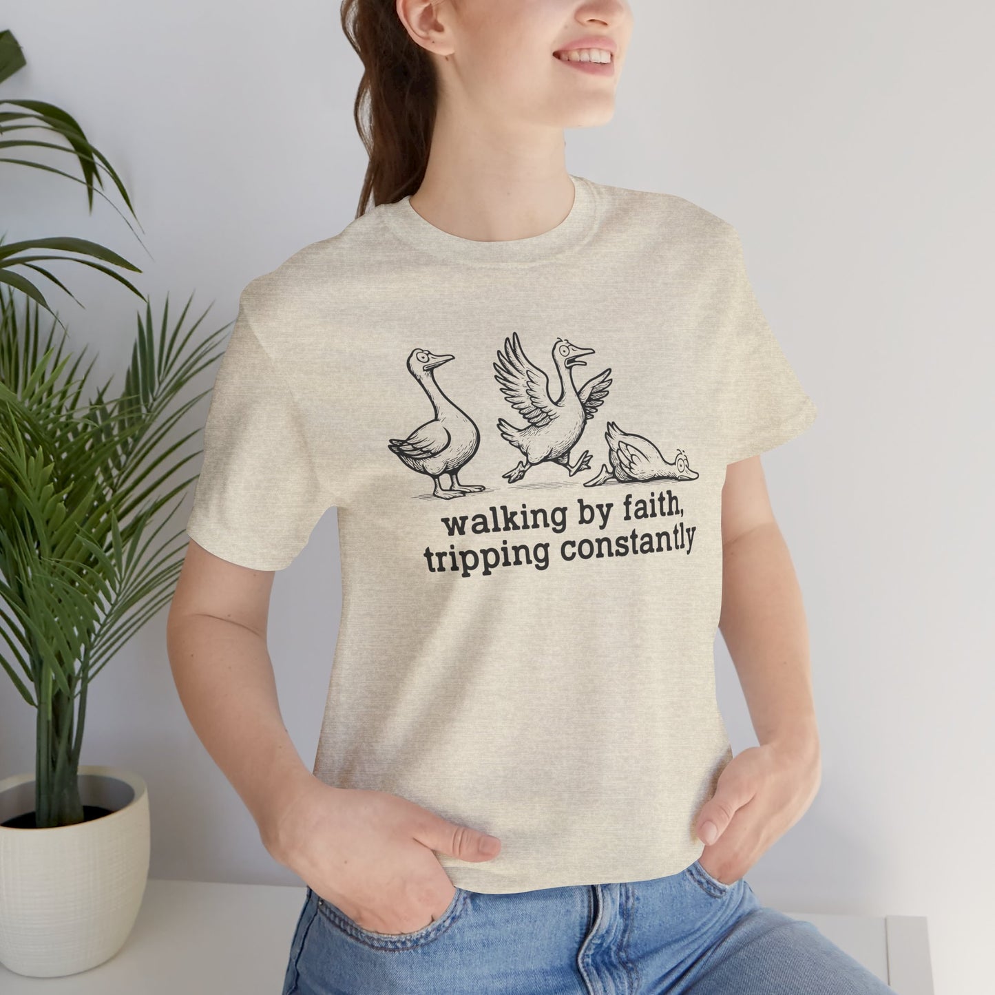 Walking by Faith Unisex Jersey Short Sleeve Tee, Funny T-Shirt