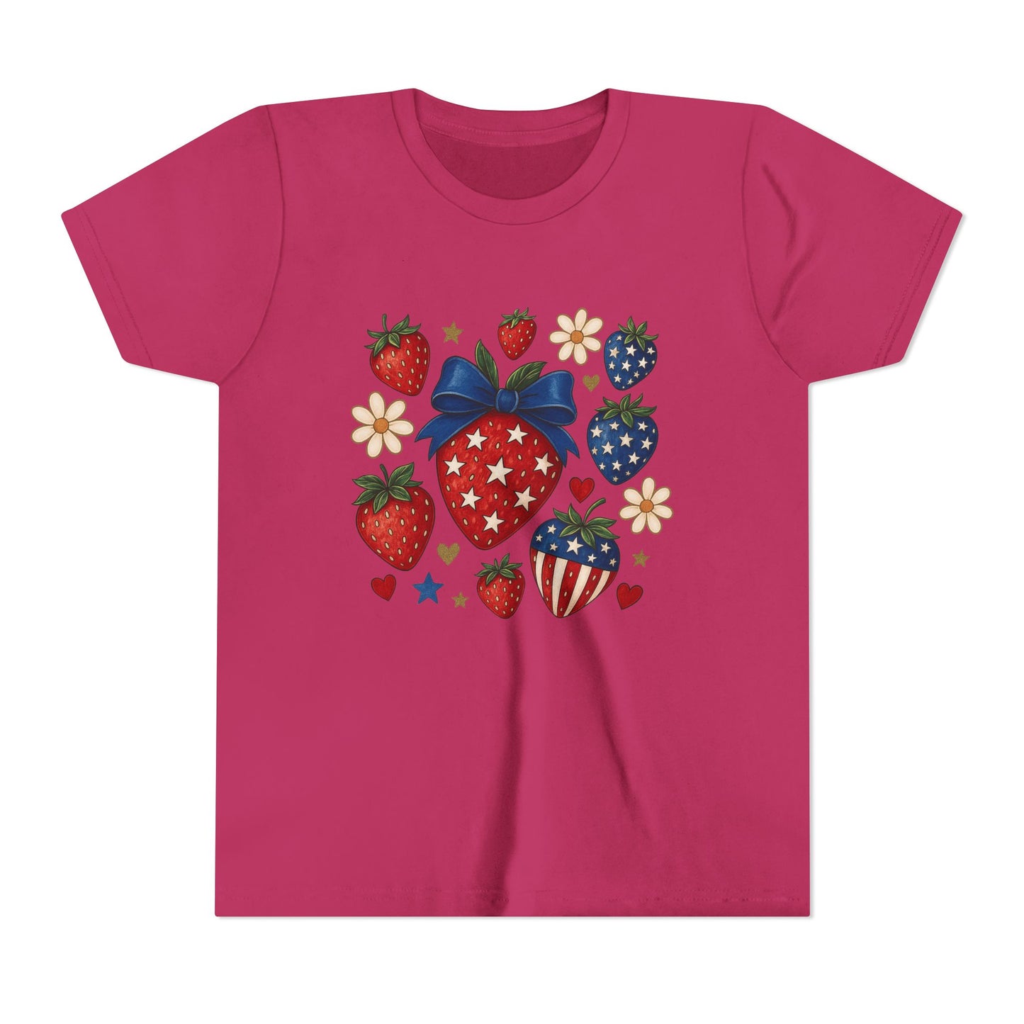 Patriotic Strawberry Youth Tee, Summer T-Shirt, Kids 4th of July Apparel, Cute Berry Graphic Shirt, Birthday Gift for Girls