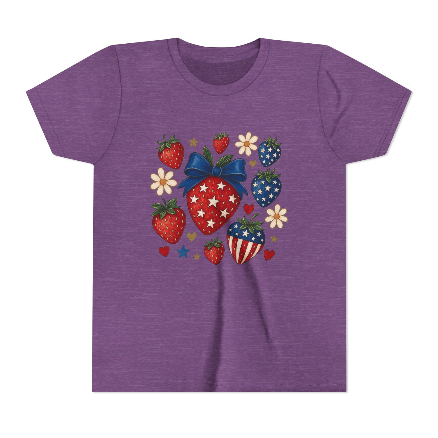 Patriotic Strawberry Youth Tee, Summer T-Shirt, Kids 4th of July Apparel, Cute Berry Graphic Shirt, Birthday Gift for Girls
