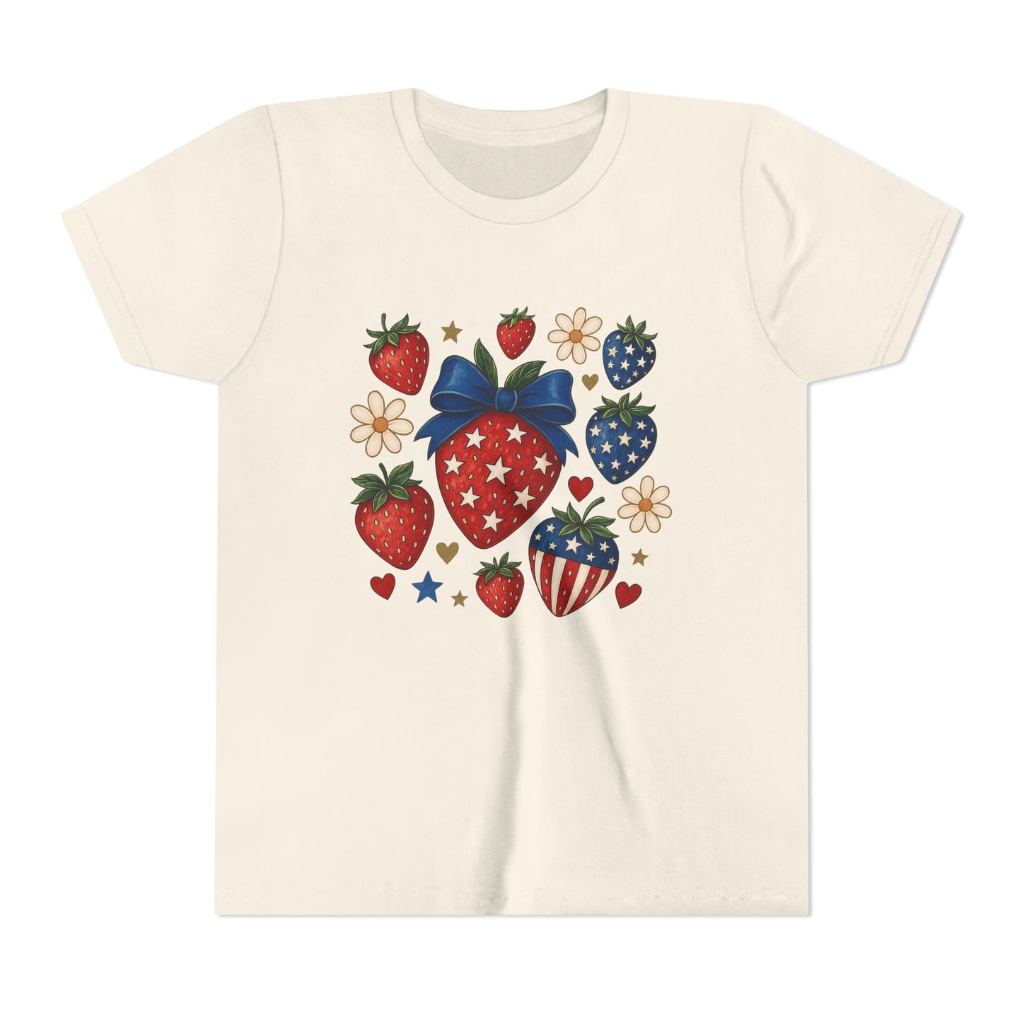 Patriotic Strawberry Youth Tee, Summer T-Shirt, Kids 4th of July Apparel, Cute Berry Graphic Shirt, Birthday Gift for Girls
