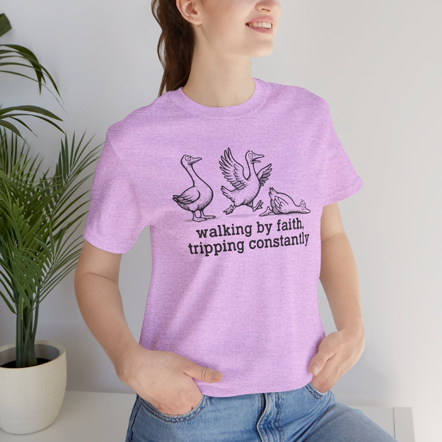 Walking by Faith Unisex Jersey Short Sleeve Tee, Funny T-Shirt