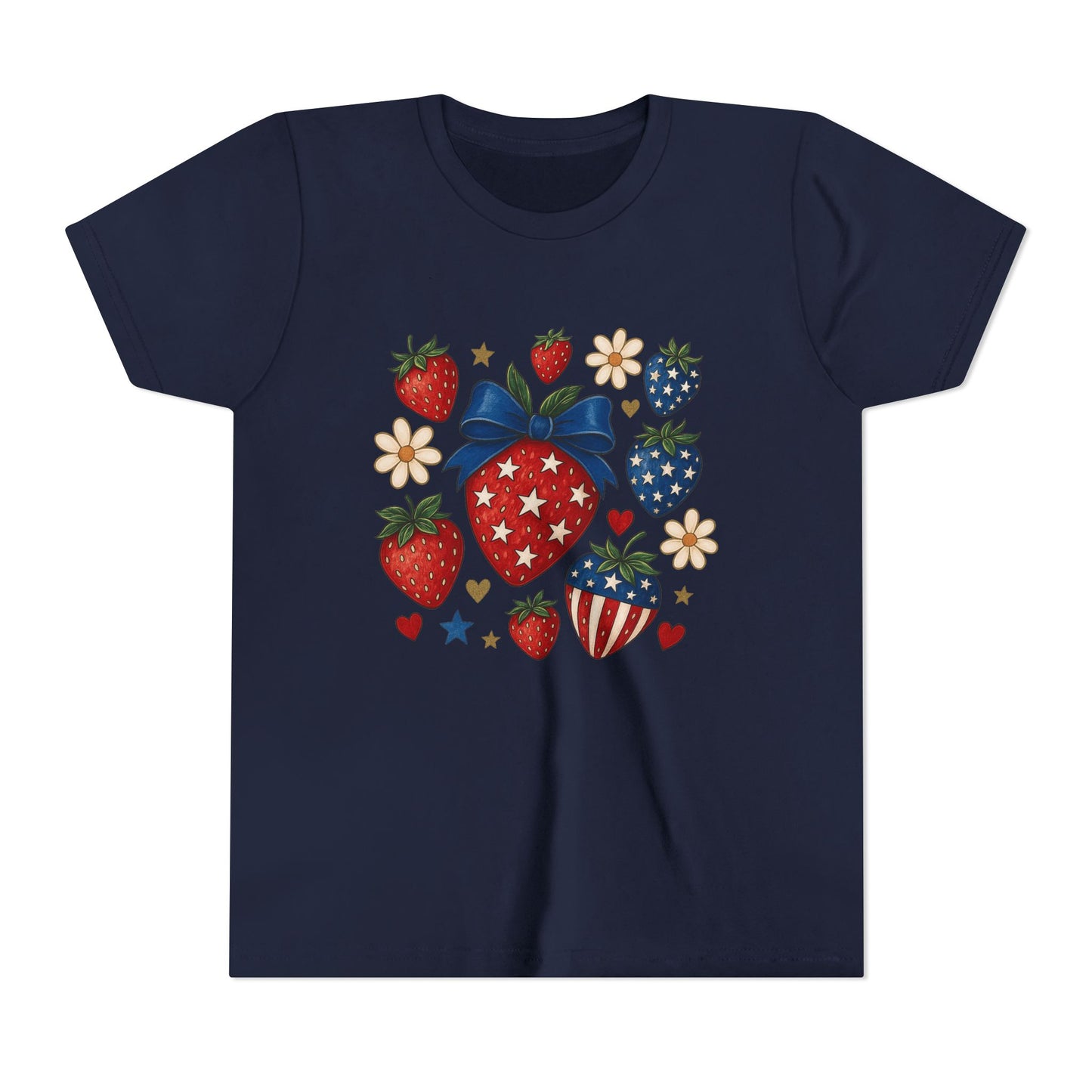 Patriotic Strawberry Youth Tee, Summer T-Shirt, Kids 4th of July Apparel, Cute Berry Graphic Shirt, Birthday Gift for Girls