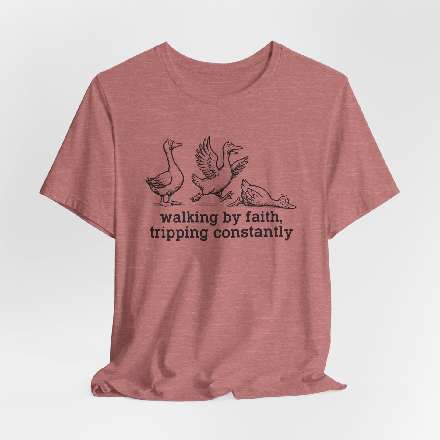 Walking by Faith Unisex Jersey Short Sleeve Tee, Funny T-Shirt