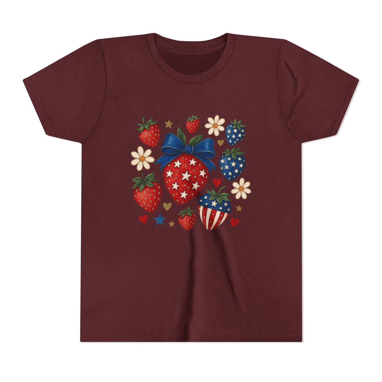 Patriotic Strawberry Youth Tee, Summer T-Shirt, Kids 4th of July Apparel, Cute Berry Graphic Shirt, Birthday Gift for Girls