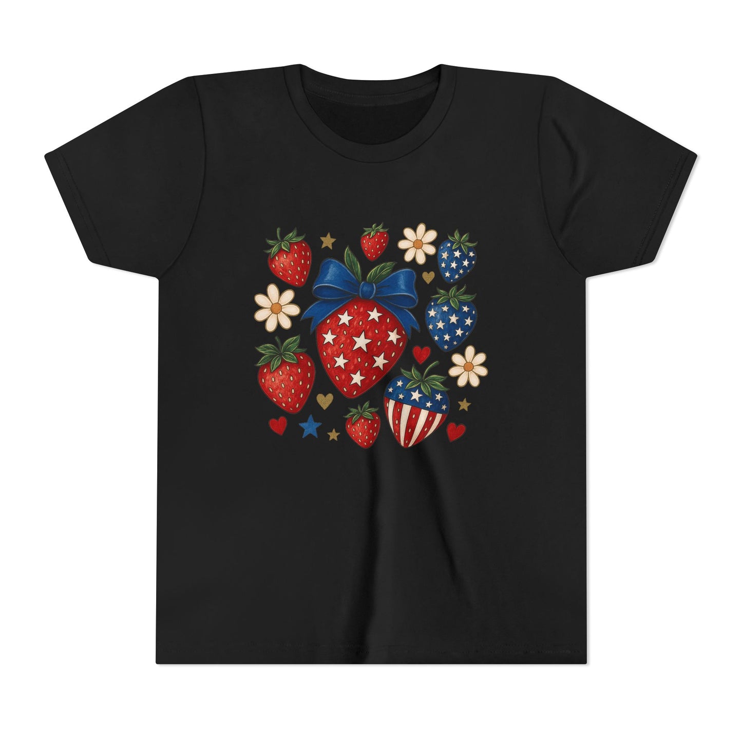 Patriotic Strawberry Youth Tee, Summer T-Shirt, Kids 4th of July Apparel, Cute Berry Graphic Shirt, Birthday Gift for Girls