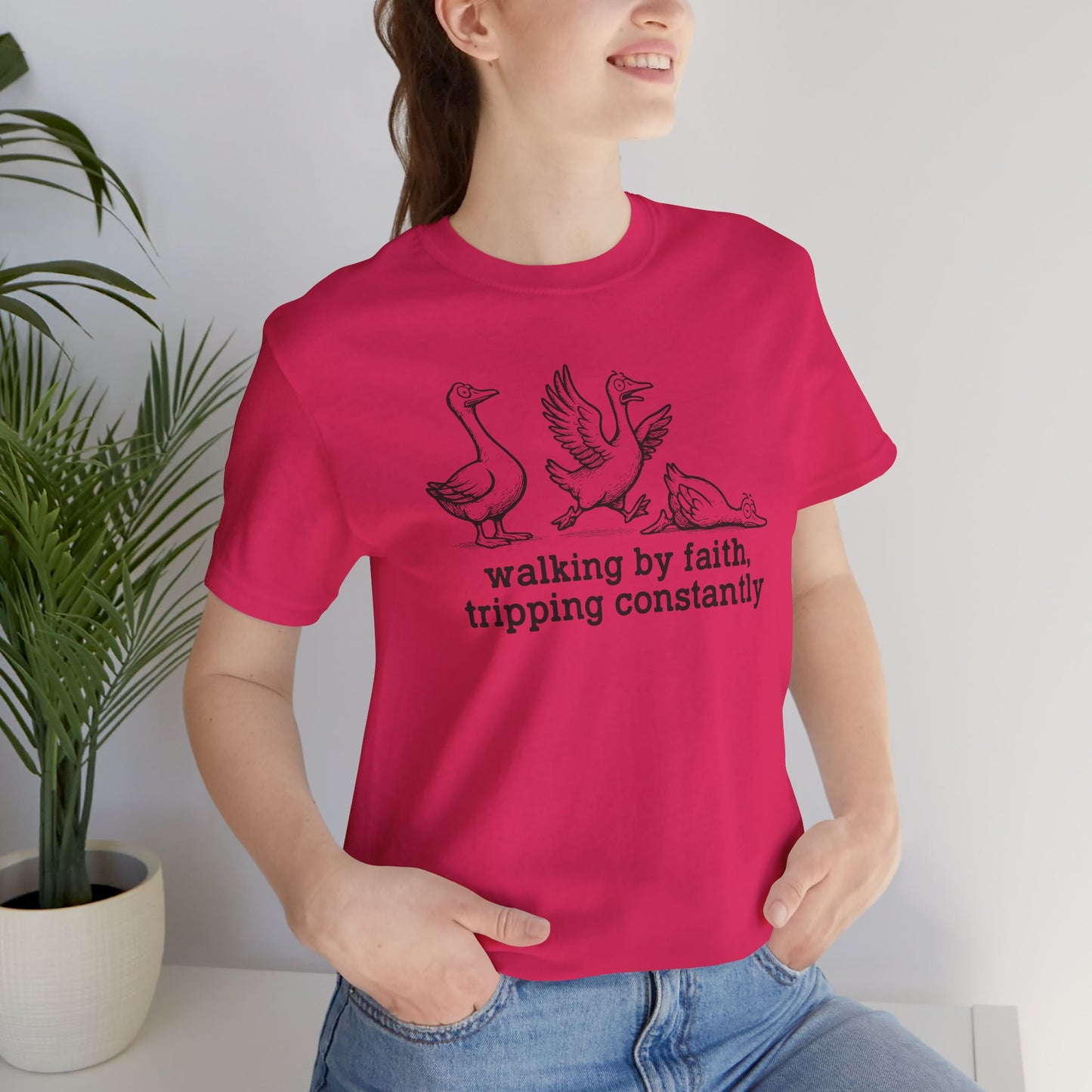 Walking by Faith Unisex Jersey Short Sleeve Tee, Funny T-Shirt