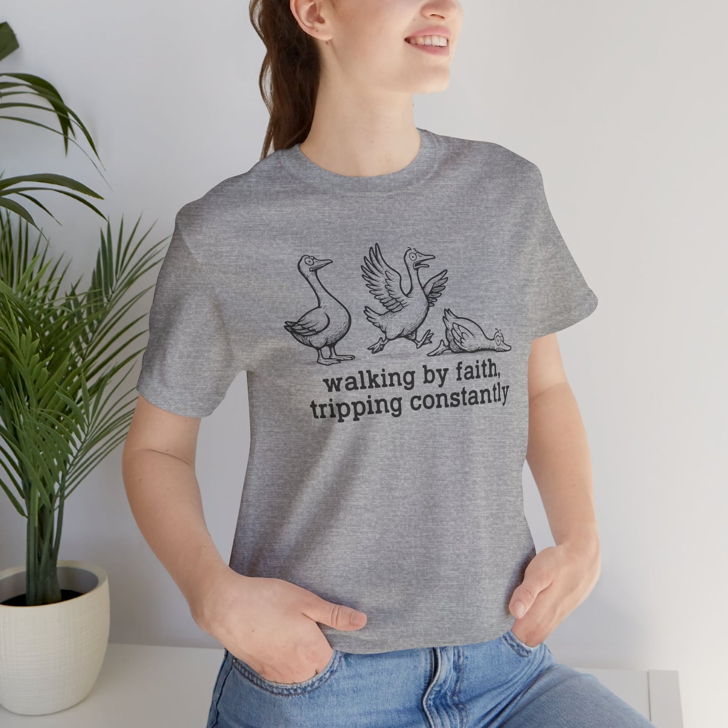 Walking by Faith Unisex Jersey Short Sleeve Tee, Funny T-Shirt