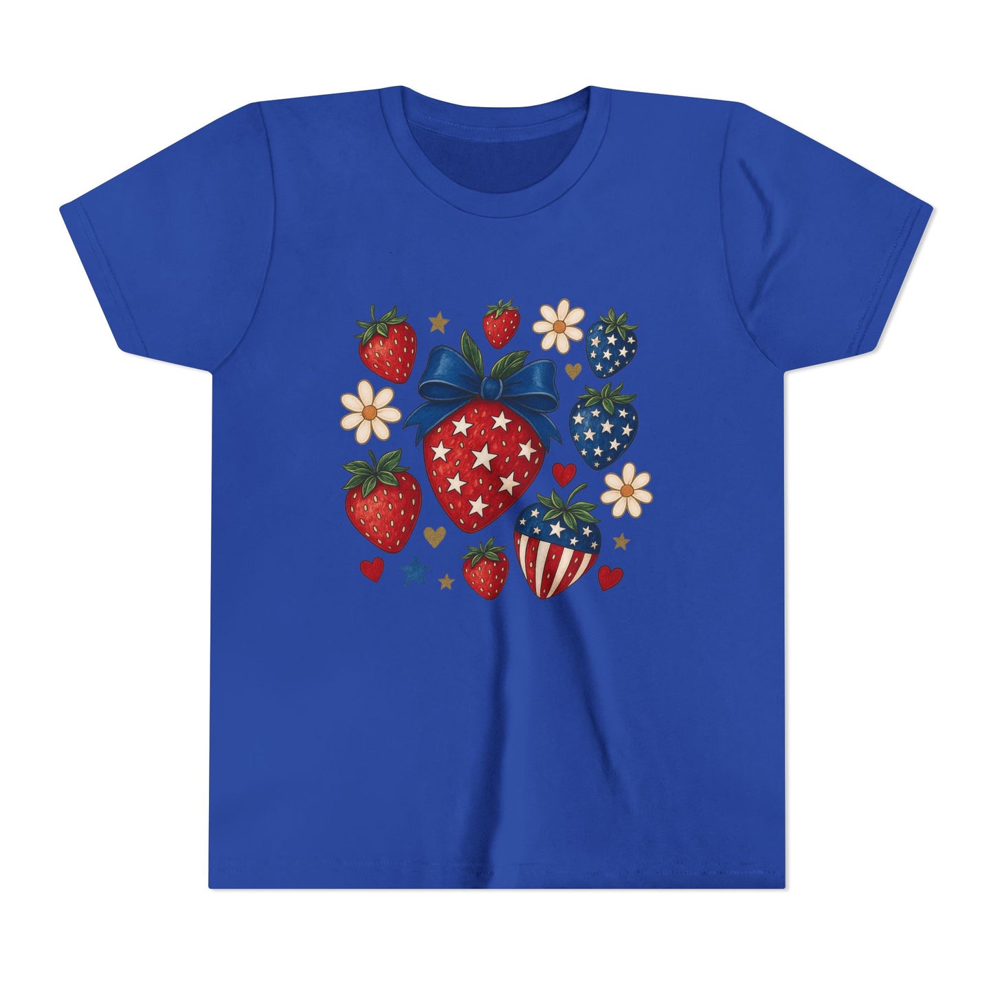 Patriotic Strawberry Youth Tee, Summer T-Shirt, Kids 4th of July Apparel, Cute Berry Graphic Shirt, Birthday Gift for Girls
