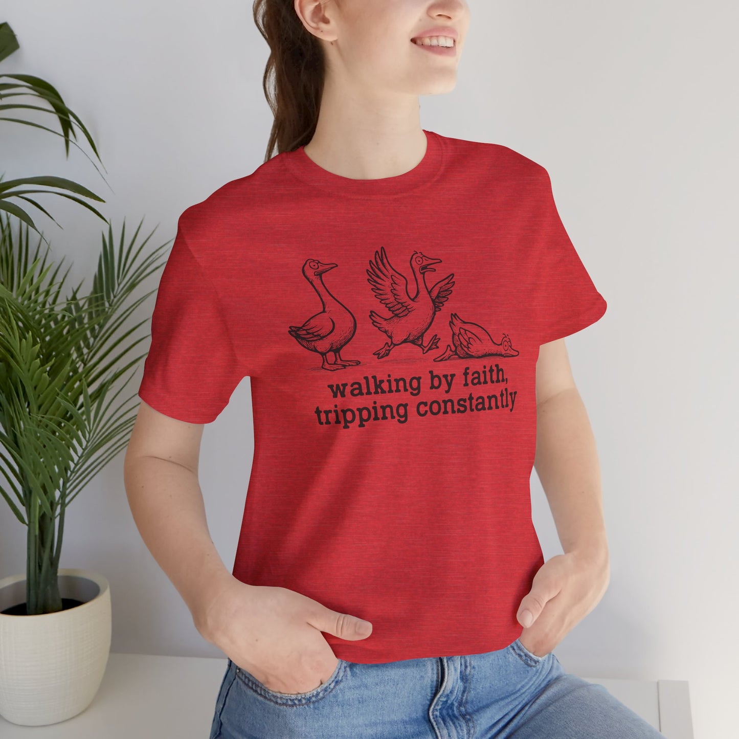 Walking by Faith Unisex Jersey Short Sleeve Tee, Funny T-Shirt