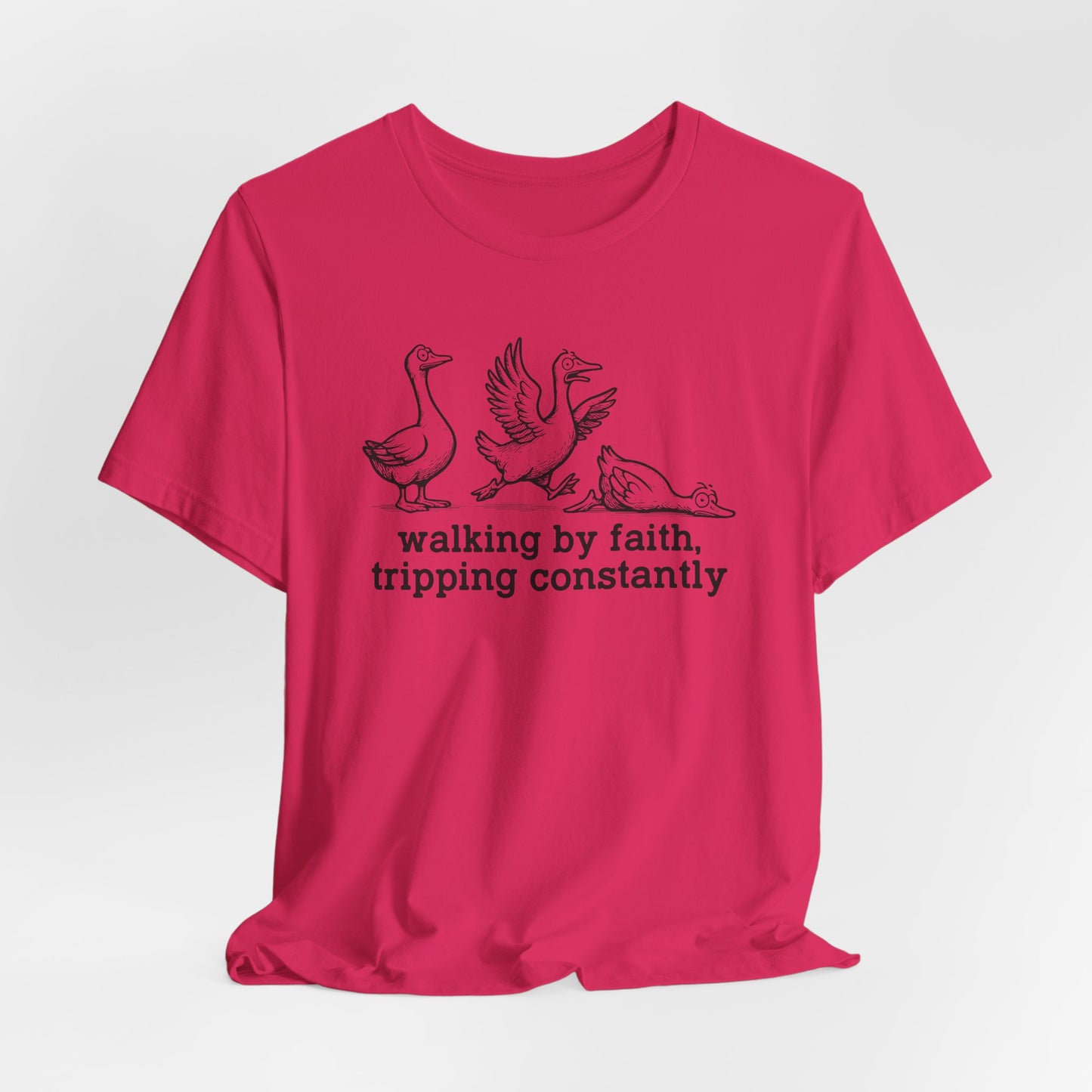 Walking by Faith Unisex Jersey Short Sleeve Tee, Funny T-Shirt