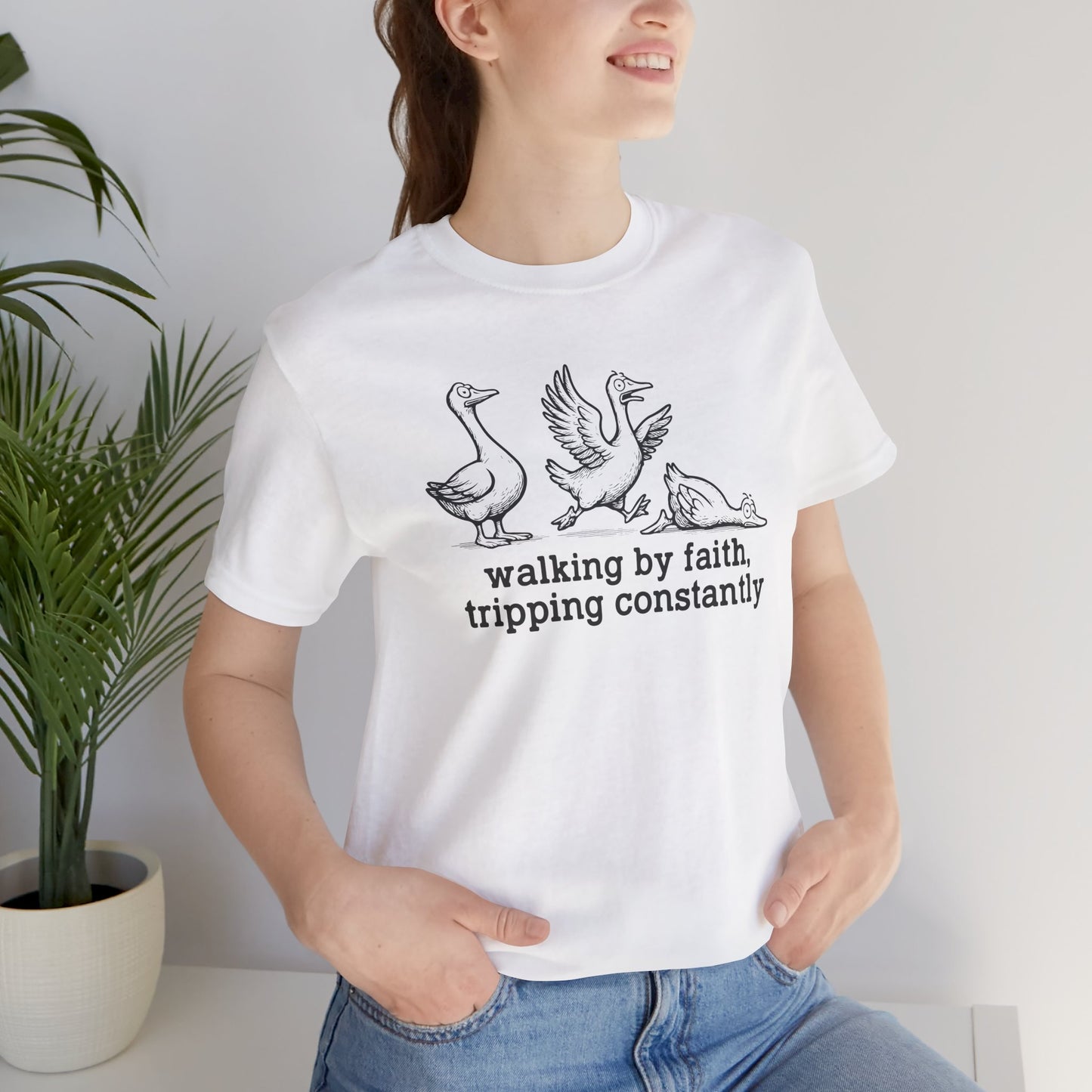Walking by Faith Unisex Jersey Short Sleeve Tee, Funny T-Shirt