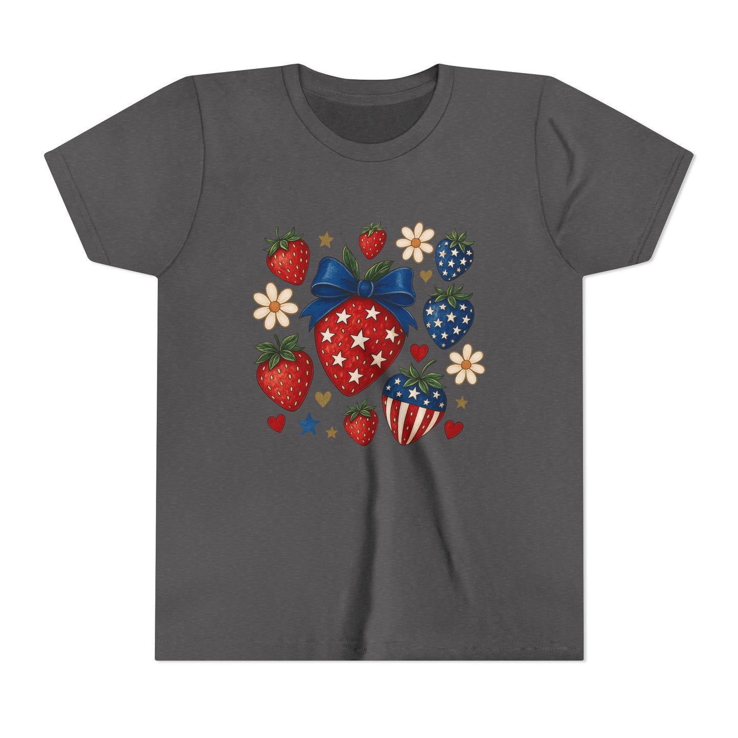 Patriotic Strawberry Youth Tee, Summer T-Shirt, Kids 4th of July Apparel, Cute Berry Graphic Shirt, Birthday Gift for Girls