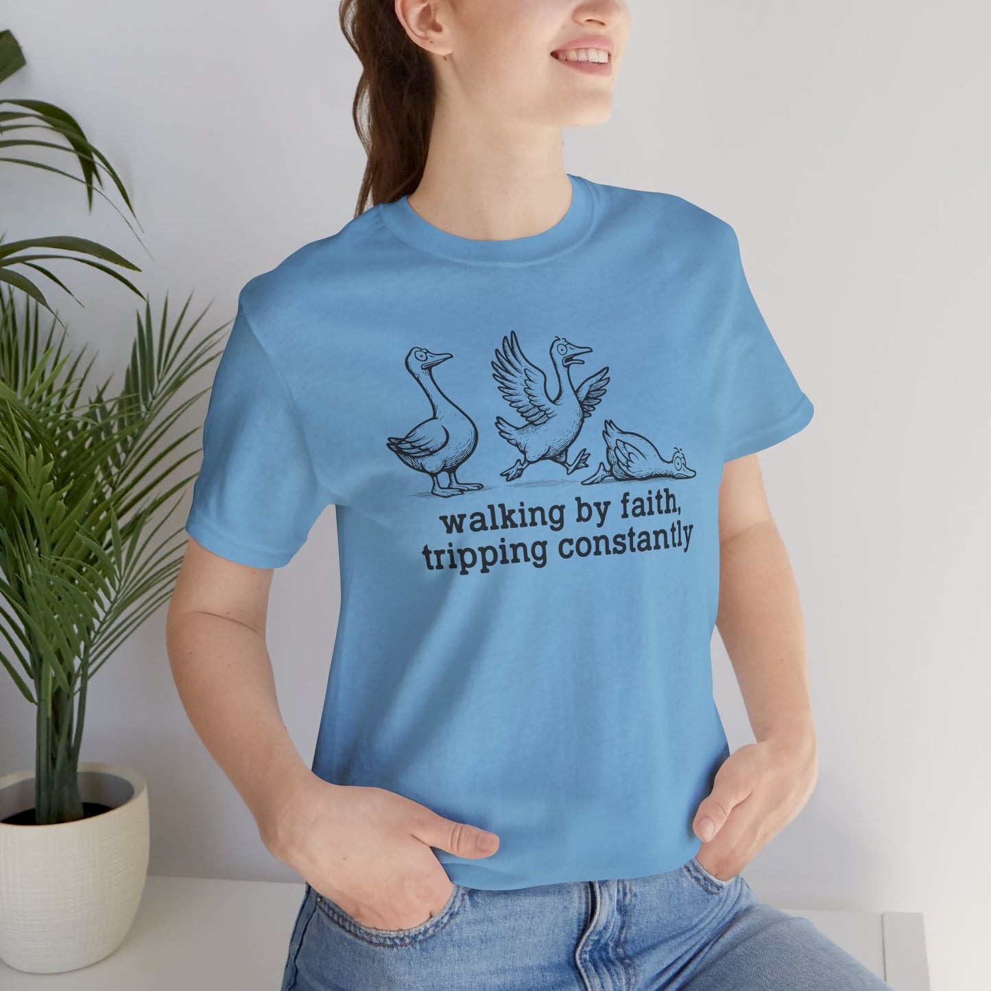 Walking by Faith Unisex Jersey Short Sleeve Tee, Funny T-Shirt
