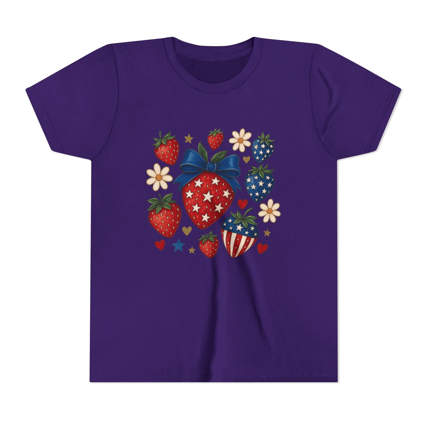 Patriotic Strawberry Youth Tee, Summer T-Shirt, Kids 4th of July Apparel, Cute Berry Graphic Shirt, Birthday Gift for Girls