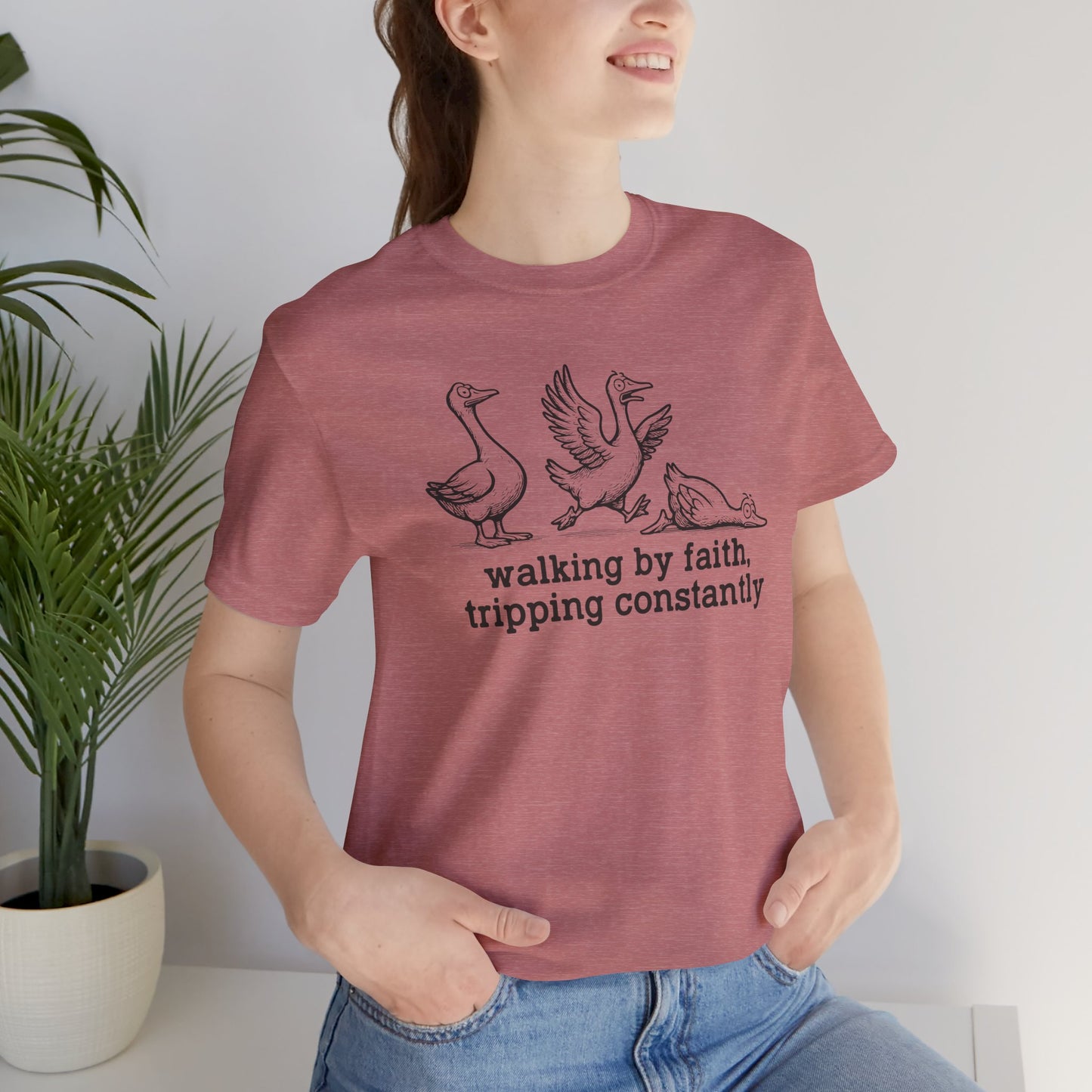 Walking by Faith Unisex Jersey Short Sleeve Tee, Funny T-Shirt