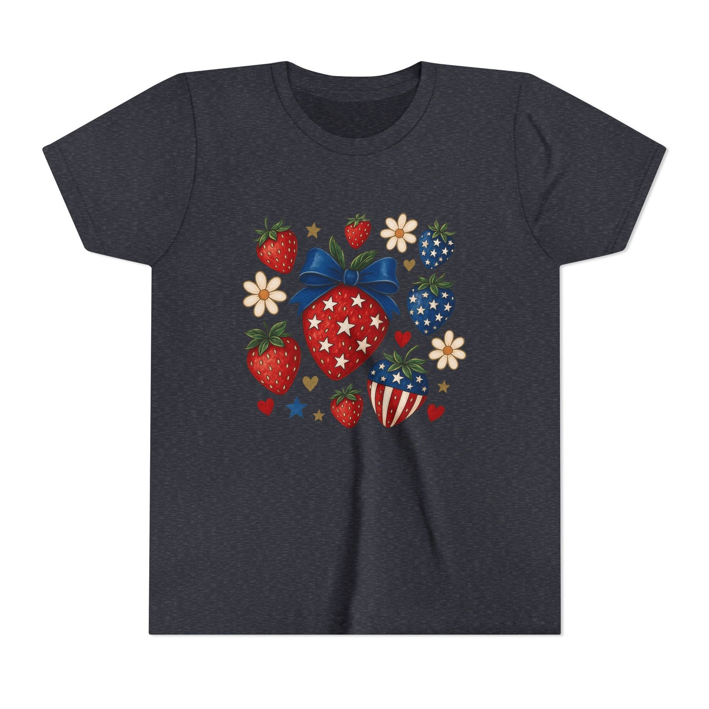 Patriotic Strawberry Youth Tee, Summer T-Shirt, Kids 4th of July Apparel, Cute Berry Graphic Shirt, Birthday Gift for Girls