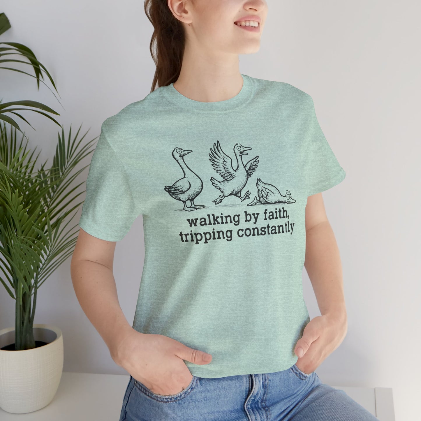 Walking by Faith Unisex Jersey Short Sleeve Tee, Funny T-Shirt