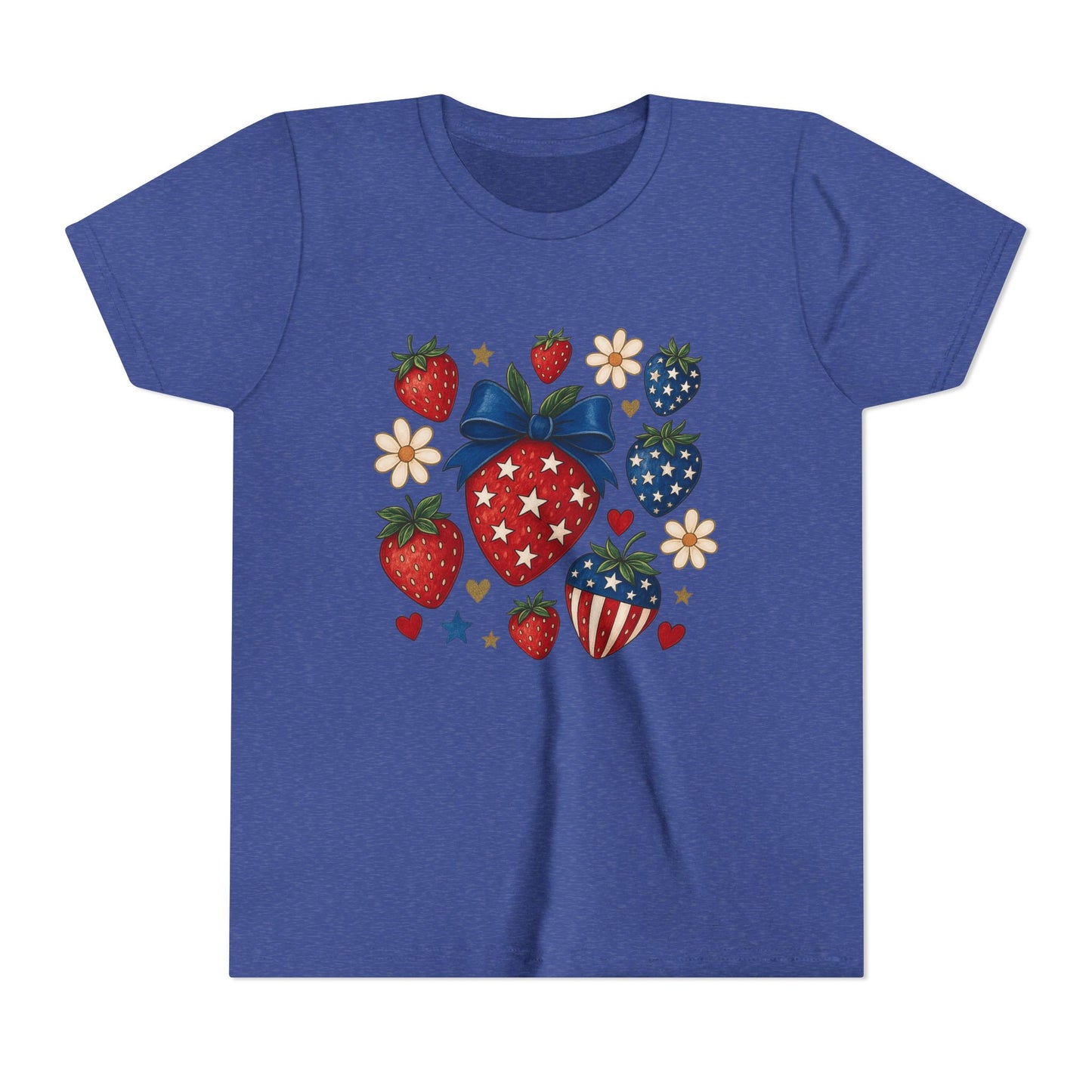 Patriotic Strawberry Youth Tee, Summer T-Shirt, Kids 4th of July Apparel, Cute Berry Graphic Shirt, Birthday Gift for Girls
