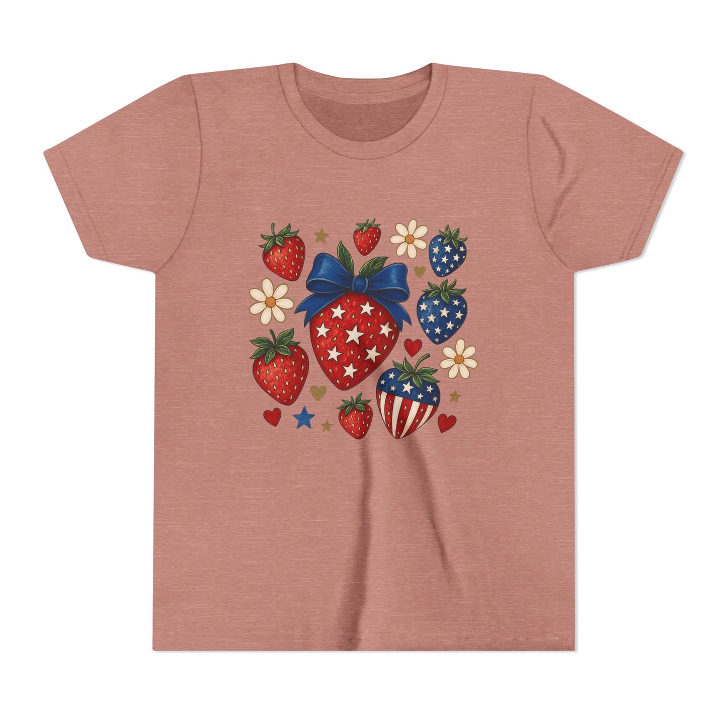 Patriotic Strawberry Youth Tee, Summer T-Shirt, Kids 4th of July Apparel, Cute Berry Graphic Shirt, Birthday Gift for Girls
