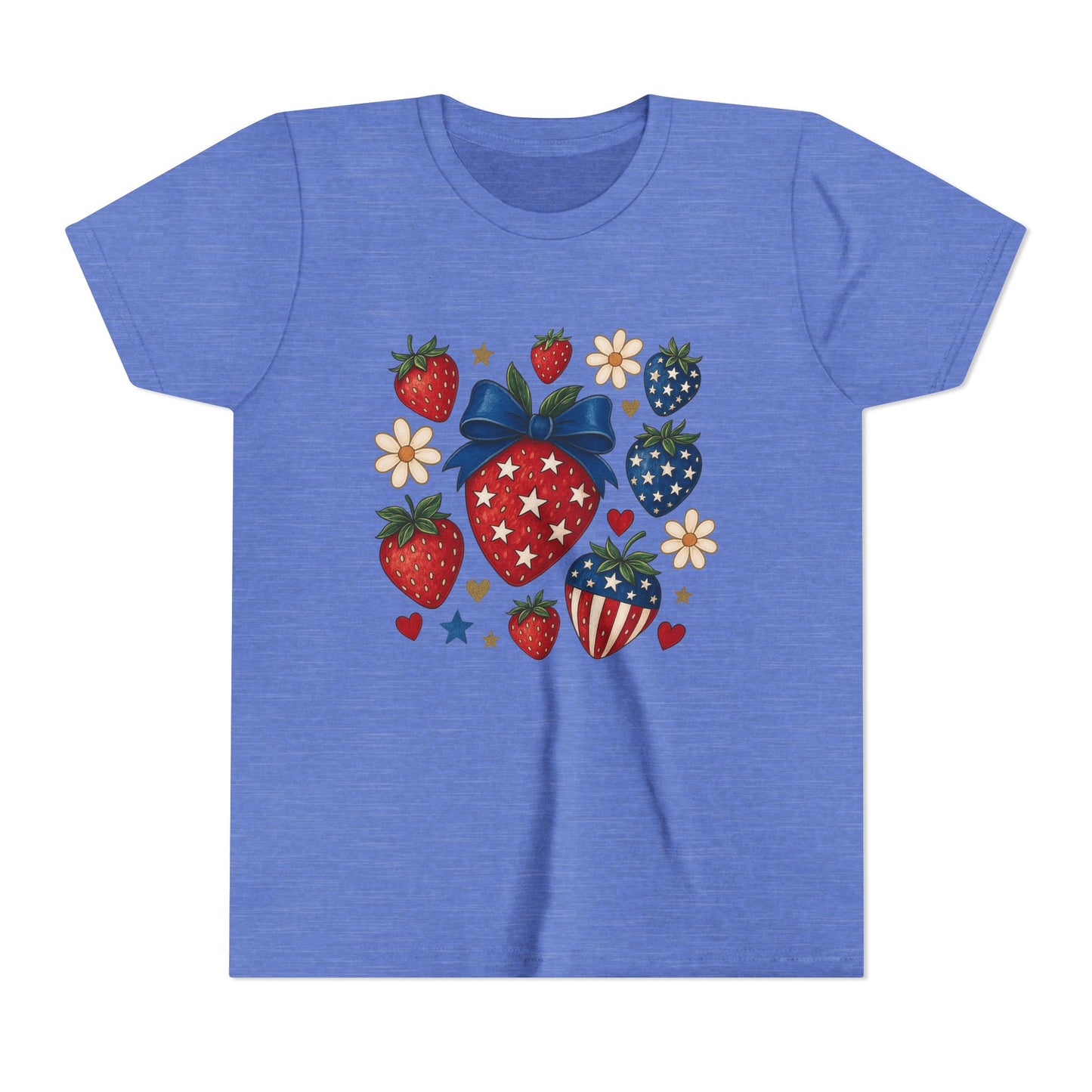 Patriotic Strawberry Youth Tee, Summer T-Shirt, Kids 4th of July Apparel, Cute Berry Graphic Shirt, Birthday Gift for Girls