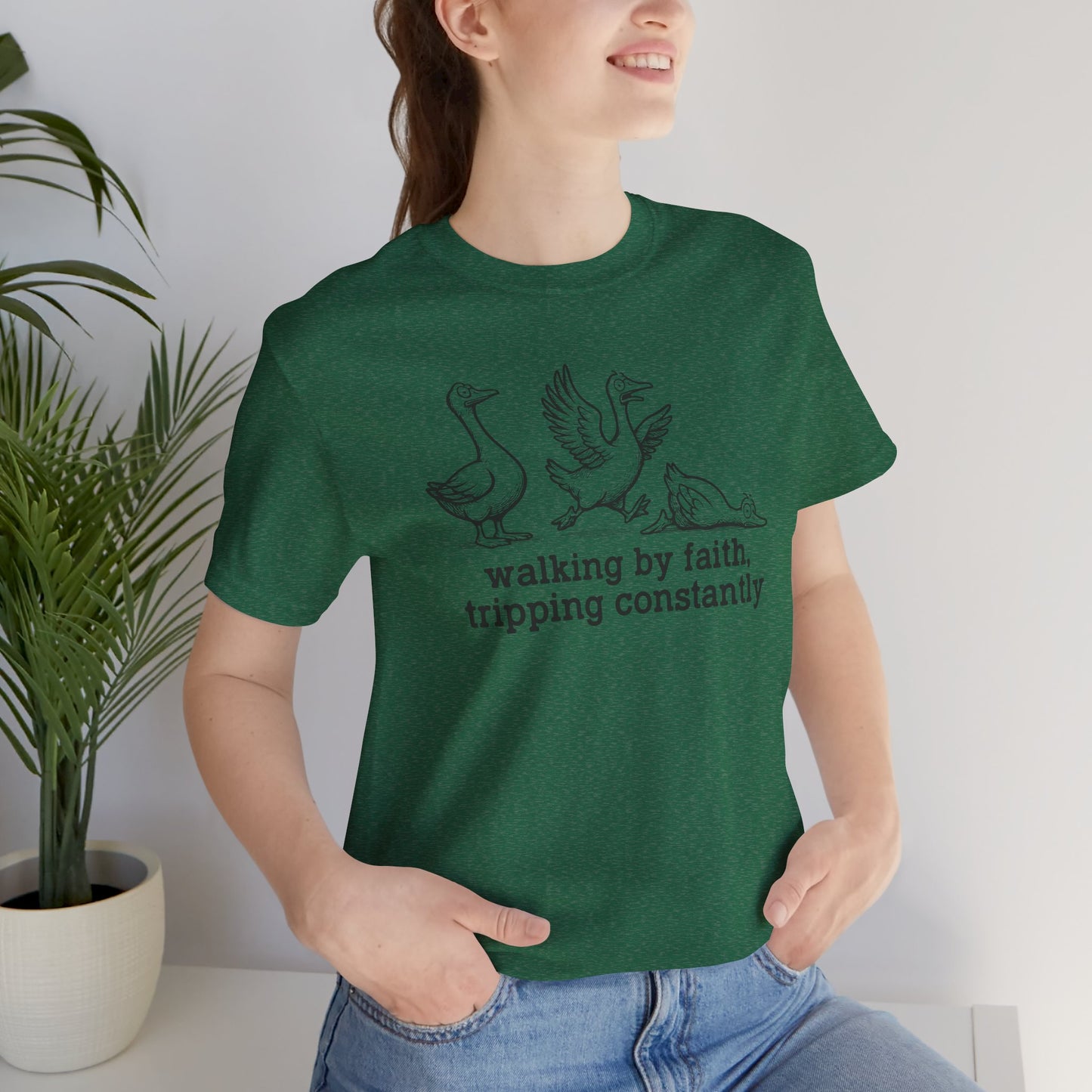 Walking by Faith Unisex Jersey Short Sleeve Tee, Funny T-Shirt