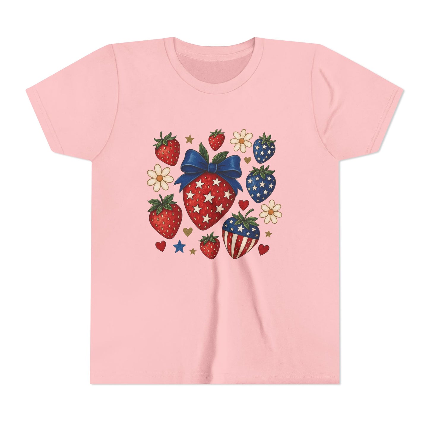 Patriotic Strawberry Youth Tee, Summer T-Shirt, Kids 4th of July Apparel, Cute Berry Graphic Shirt, Birthday Gift for Girls