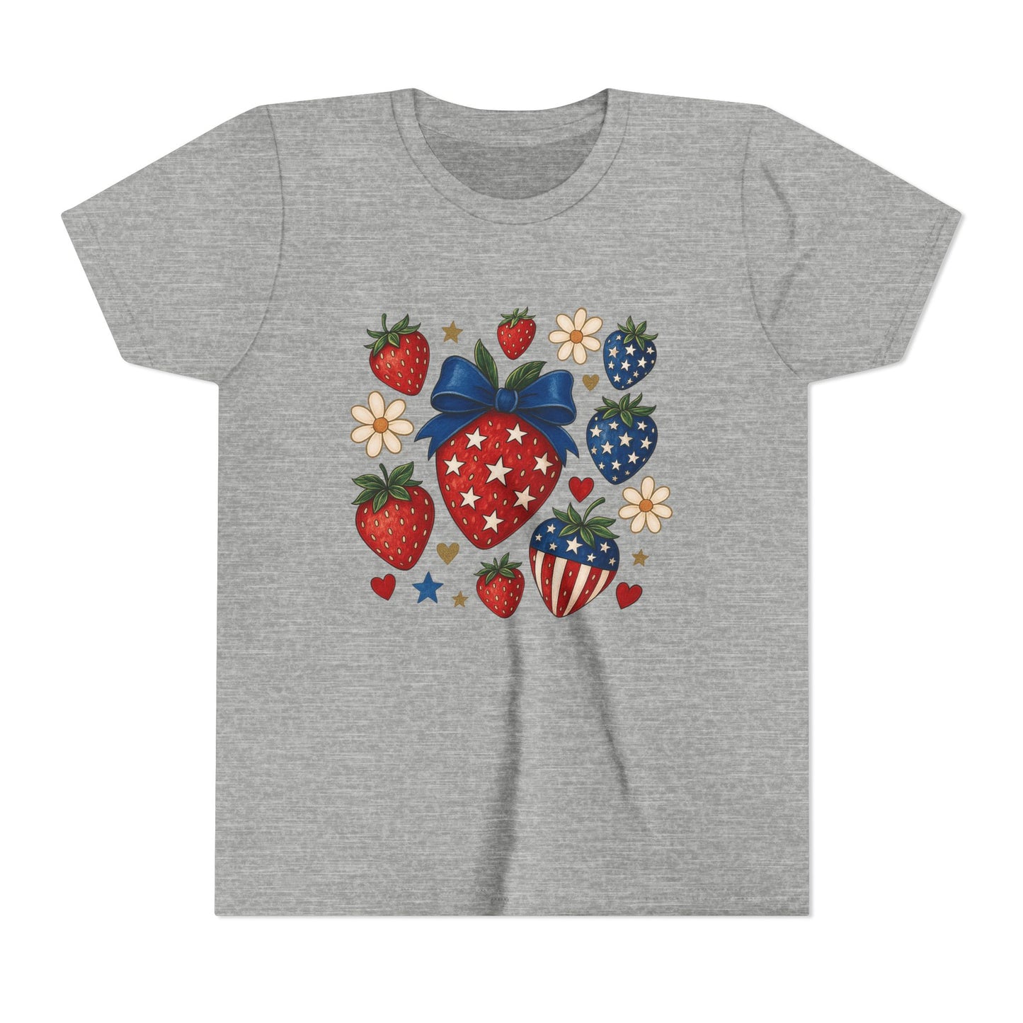 Patriotic Strawberry Youth Tee, Summer T-Shirt, Kids 4th of July Apparel, Cute Berry Graphic Shirt, Birthday Gift for Girls