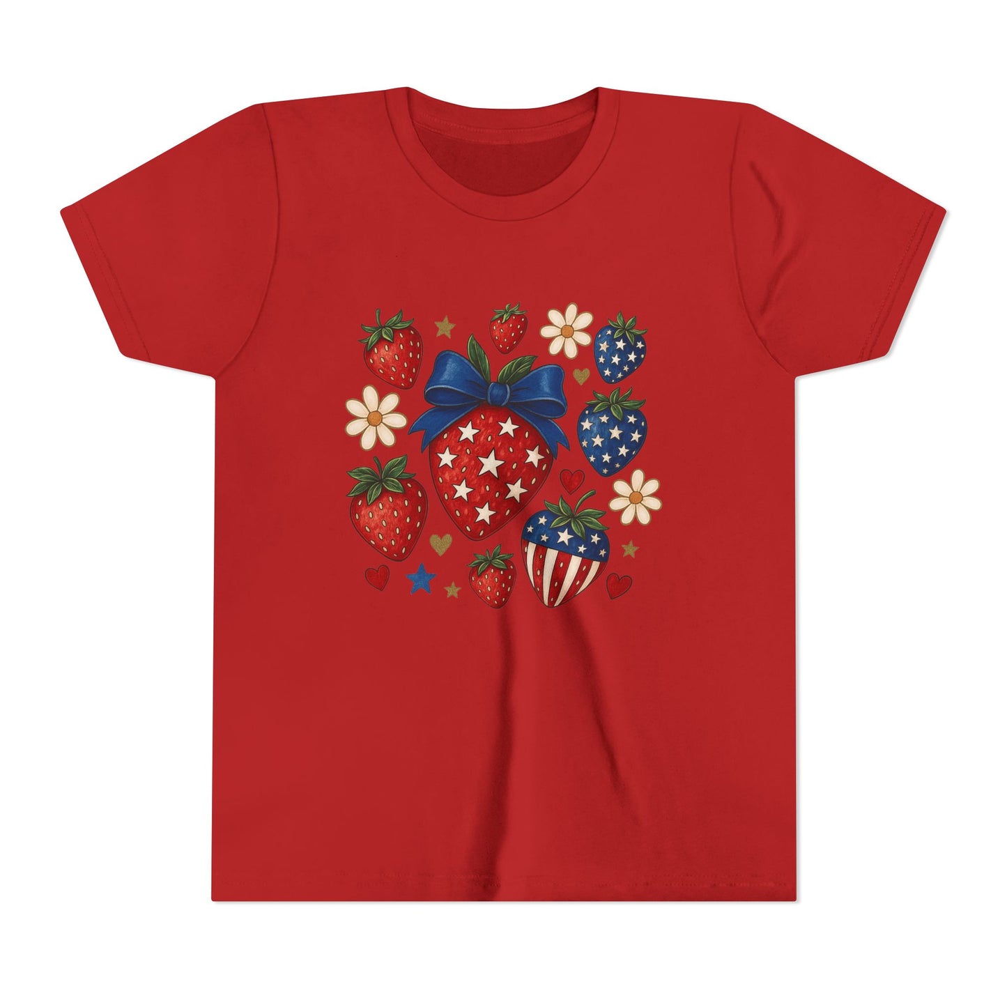 Patriotic Strawberry Youth Tee, Summer T-Shirt, Kids 4th of July Apparel, Cute Berry Graphic Shirt, Birthday Gift for Girls