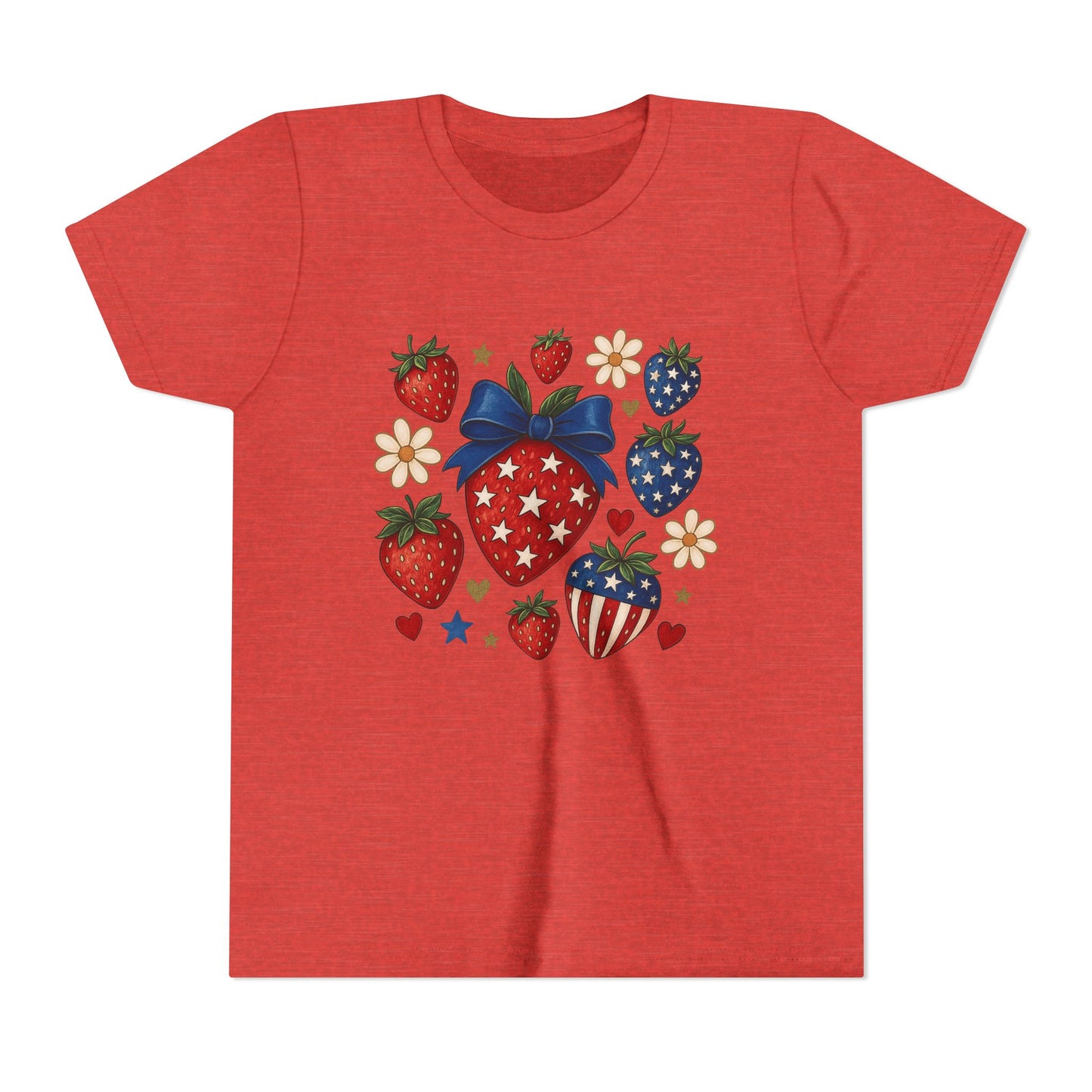 Patriotic Strawberry Youth Tee, Summer T-Shirt, Kids 4th of July Apparel, Cute Berry Graphic Shirt, Birthday Gift for Girls