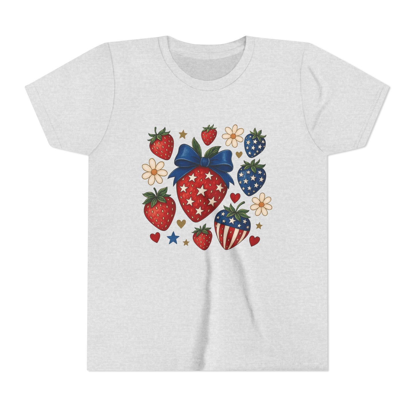 Patriotic Strawberry Youth Tee, Summer T-Shirt, Kids 4th of July Apparel, Cute Berry Graphic Shirt, Birthday Gift for Girls
