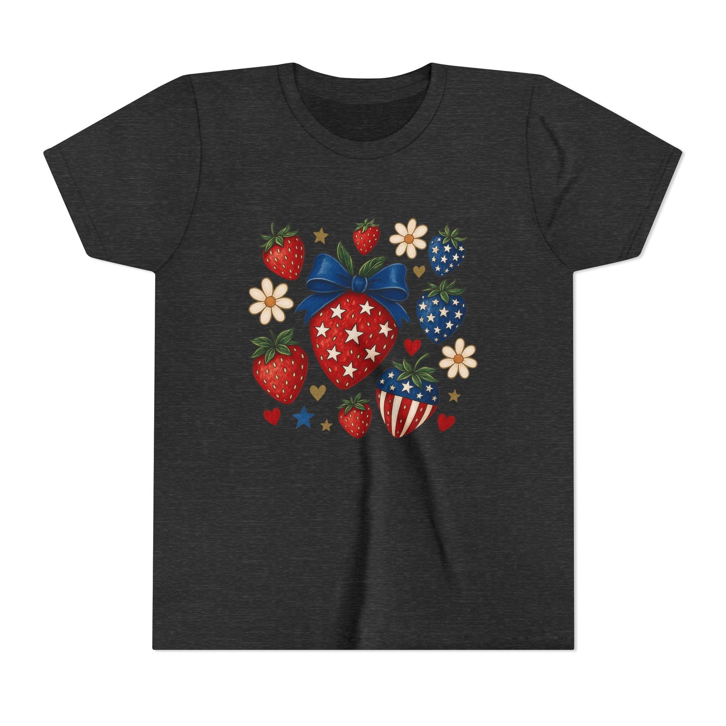Patriotic Strawberry Youth Tee, Summer T-Shirt, Kids 4th of July Apparel, Cute Berry Graphic Shirt, Birthday Gift for Girls
