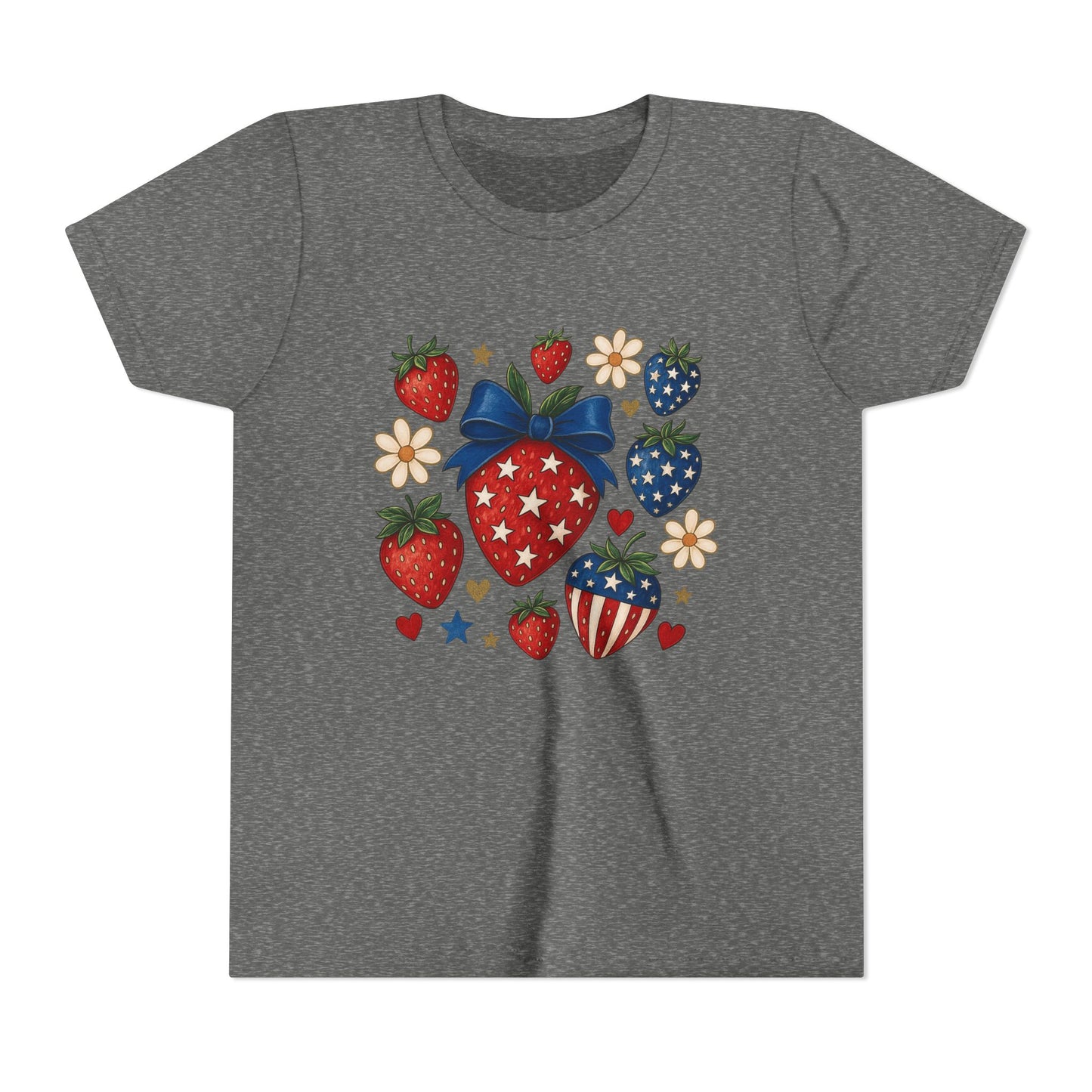 Patriotic Strawberry Youth Tee, Summer T-Shirt, Kids 4th of July Apparel, Cute Berry Graphic Shirt, Birthday Gift for Girls