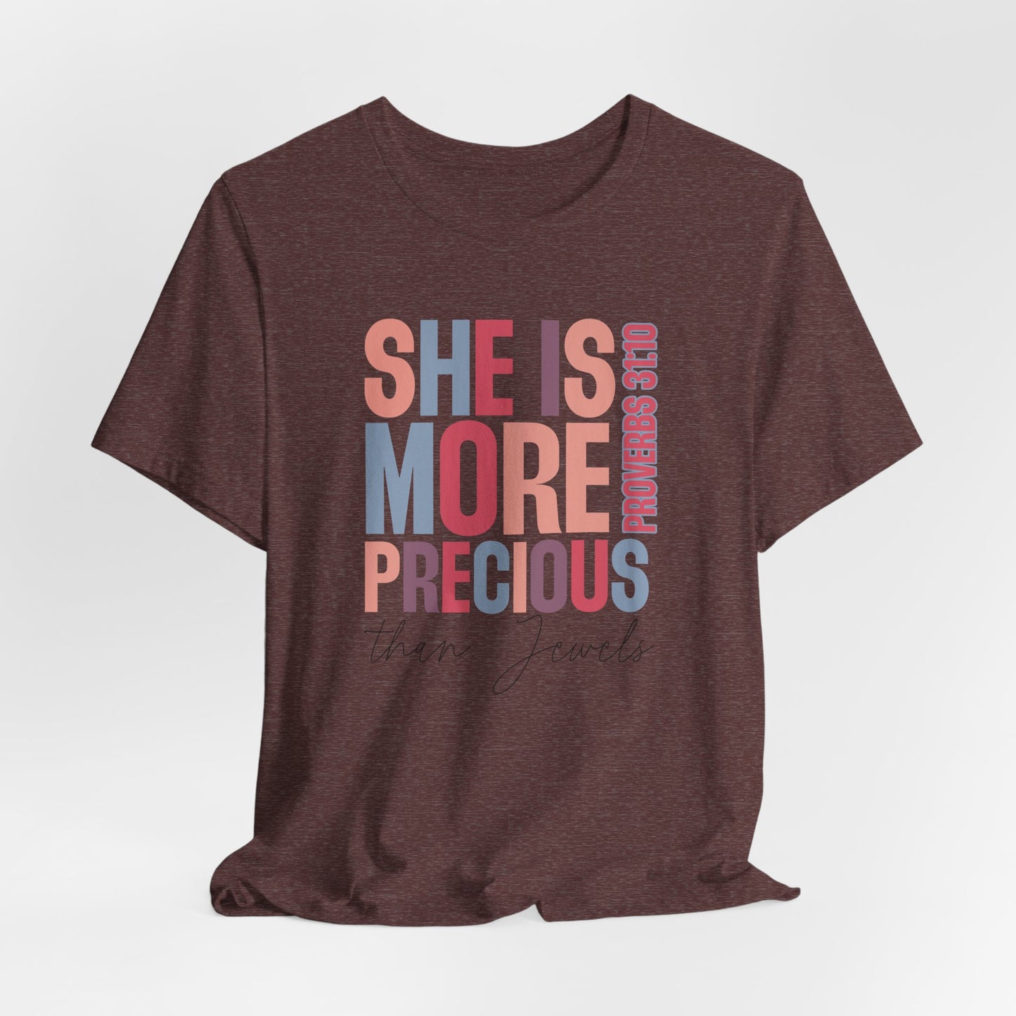 She Is More Precious Short Sleeve Tee | Faith-Based Gift, Christian Apparel, Motivational T-Shirt, Women's Style, Thoughtful Gift