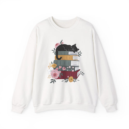 Stack of Books Cat- Gildan Crewneck Sweatshirt