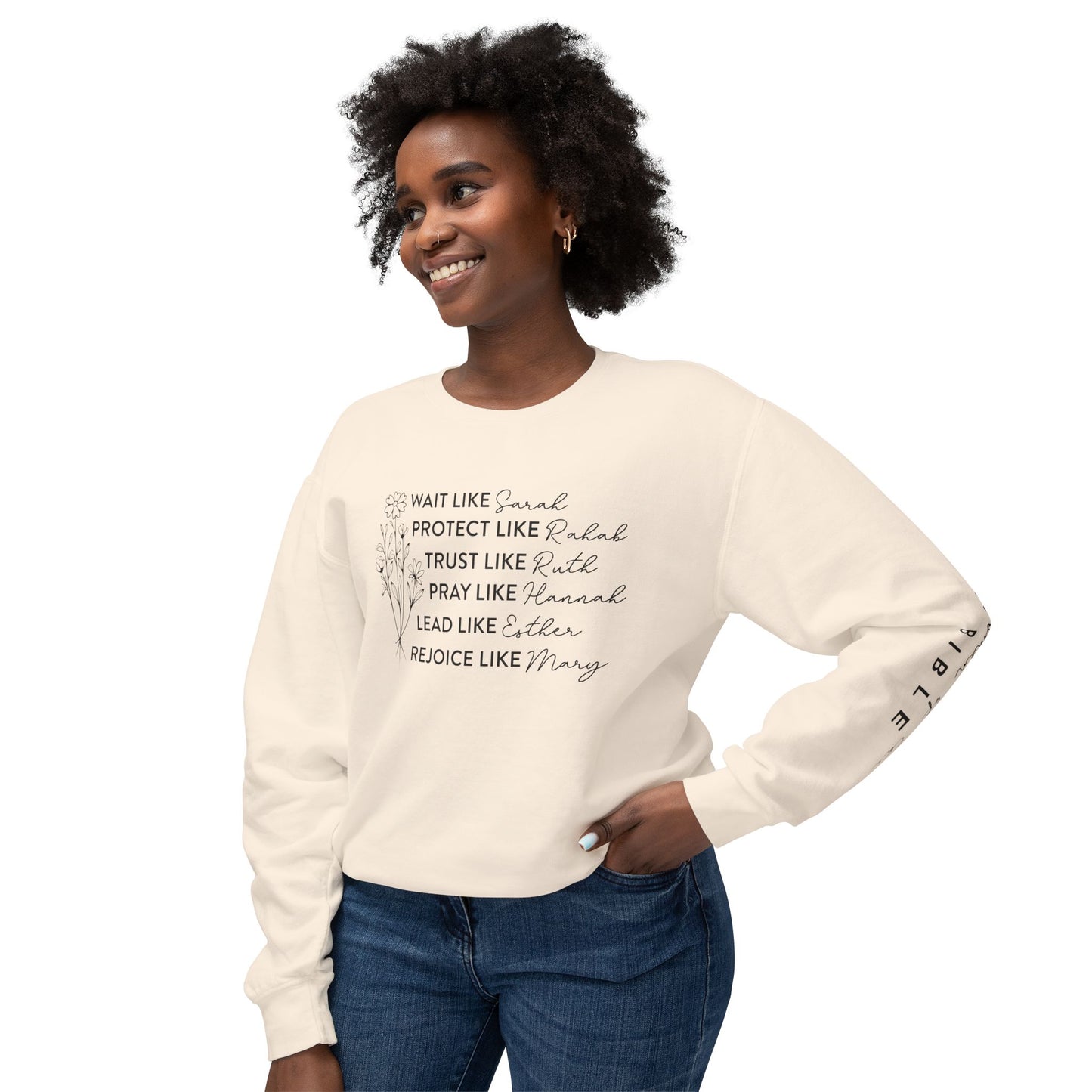Inspirational Sweatshirt - Wait, Protect, Trust, Pray, Rejoice Like Women of the Bible, Front and Sleeve - Unisex Crewneck for Faith & Empowerment, Gift for Women, [...]