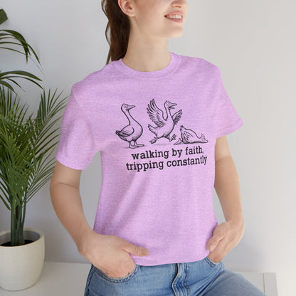 Walking by Faith Unisex Jersey Short Sleeve Tee, Funny T-Shirt