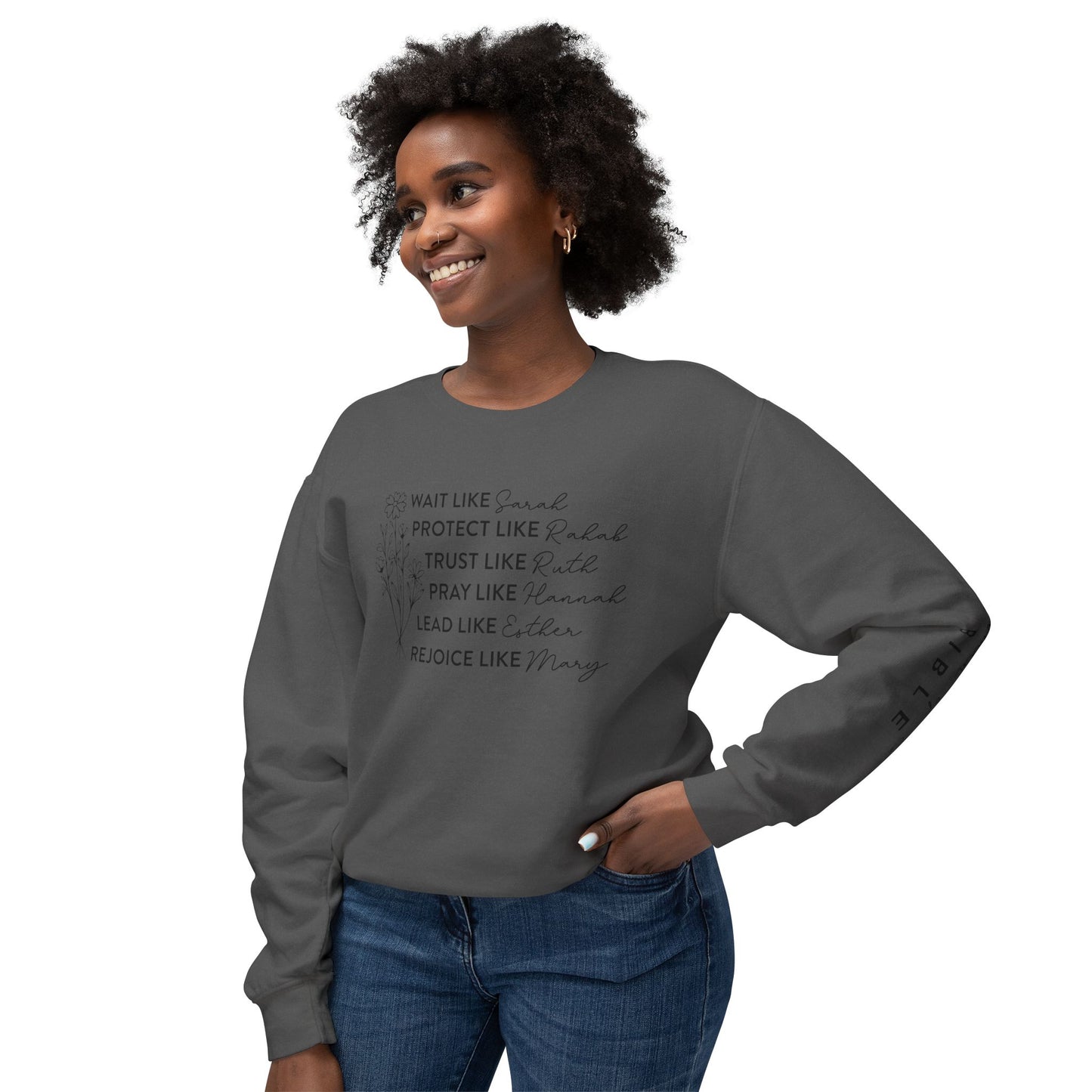 Inspirational Sweatshirt - Wait, Protect, Trust, Pray, Rejoice Like Women of the Bible, Front and Sleeve - Unisex Crewneck for Faith & Empowerment, Gift for Women, [...]