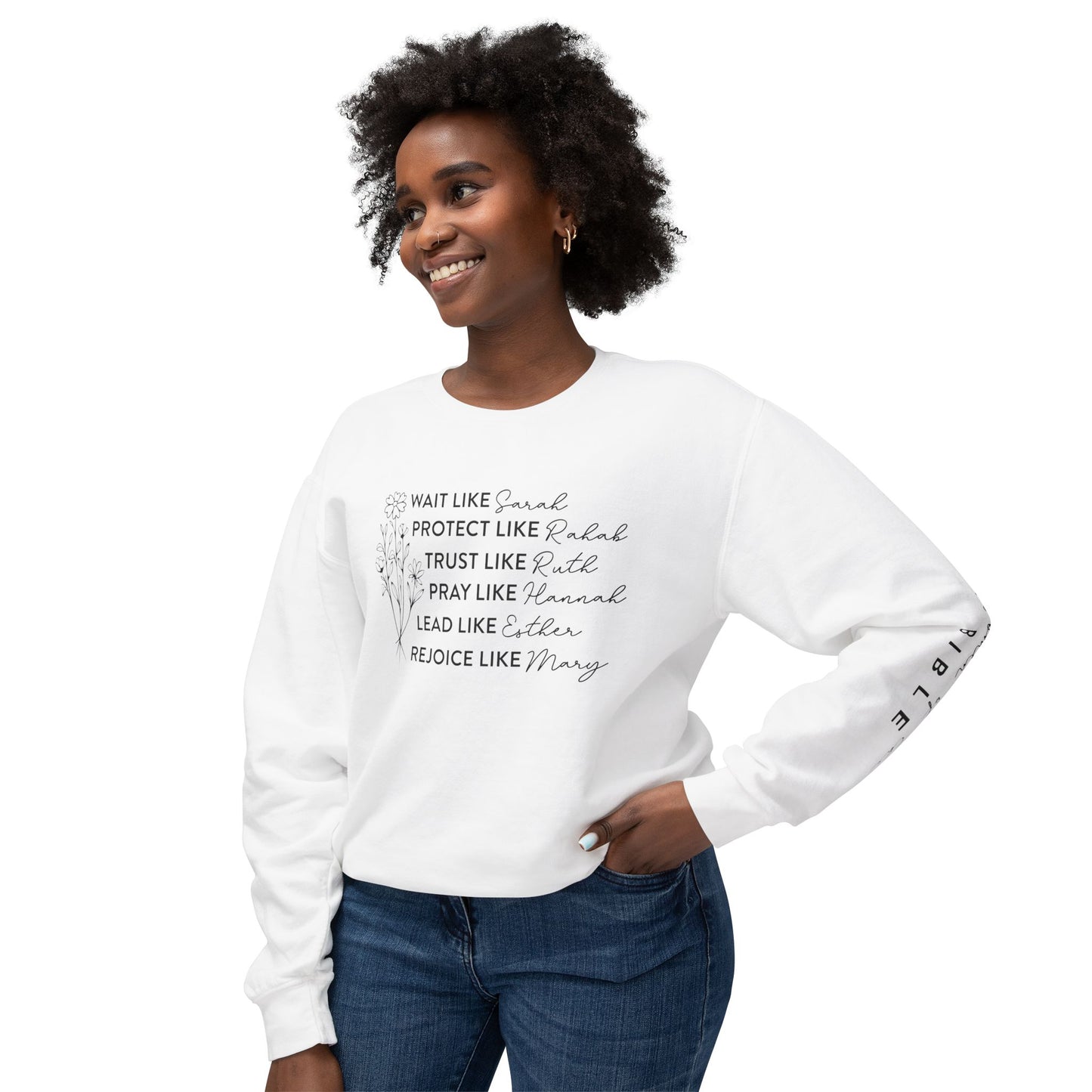 Inspirational Sweatshirt - Wait, Protect, Trust, Pray, Rejoice Like Women of the Bible, Front and Sleeve - Unisex Crewneck for Faith & Empowerment, Gift for Women, [...]