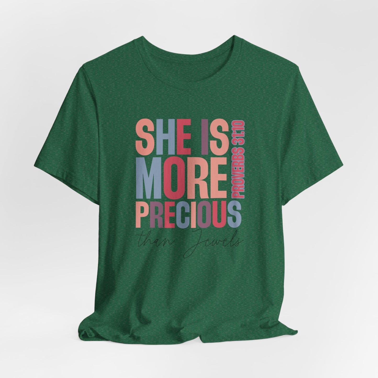 She Is More Precious Short Sleeve Tee | Faith-Based Gift, Christian Apparel, Motivational T-Shirt, Women's Style, Thoughtful Gift