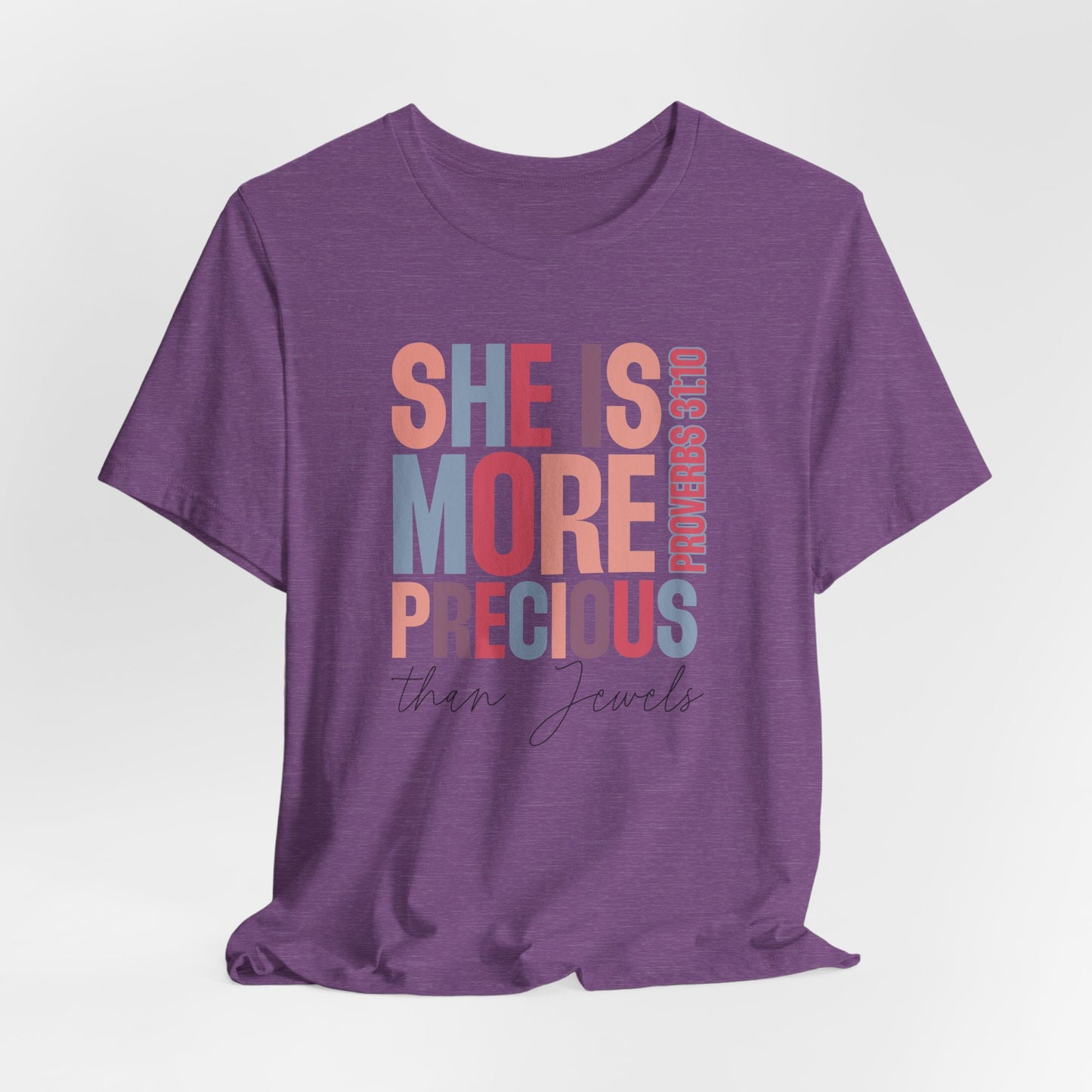 She Is More Precious Short Sleeve Tee | Faith-Based Gift, Christian Apparel, Motivational T-Shirt, Women's Style, Thoughtful Gift