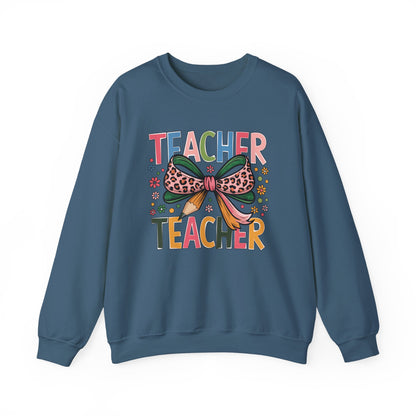 Teacher Bow Cheetah Print Gildan Crewneck Sweatshirt