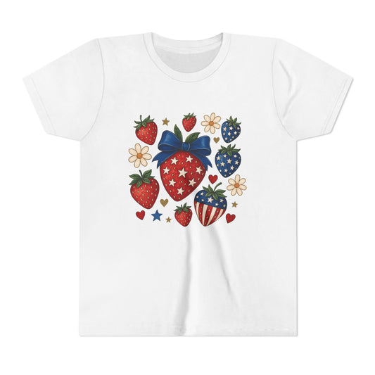 Patriotic Strawberry Youth Tee, Summer T-Shirt, Kids 4th of July Apparel, Cute Berry Graphic Shirt, Birthday Gift for Girls