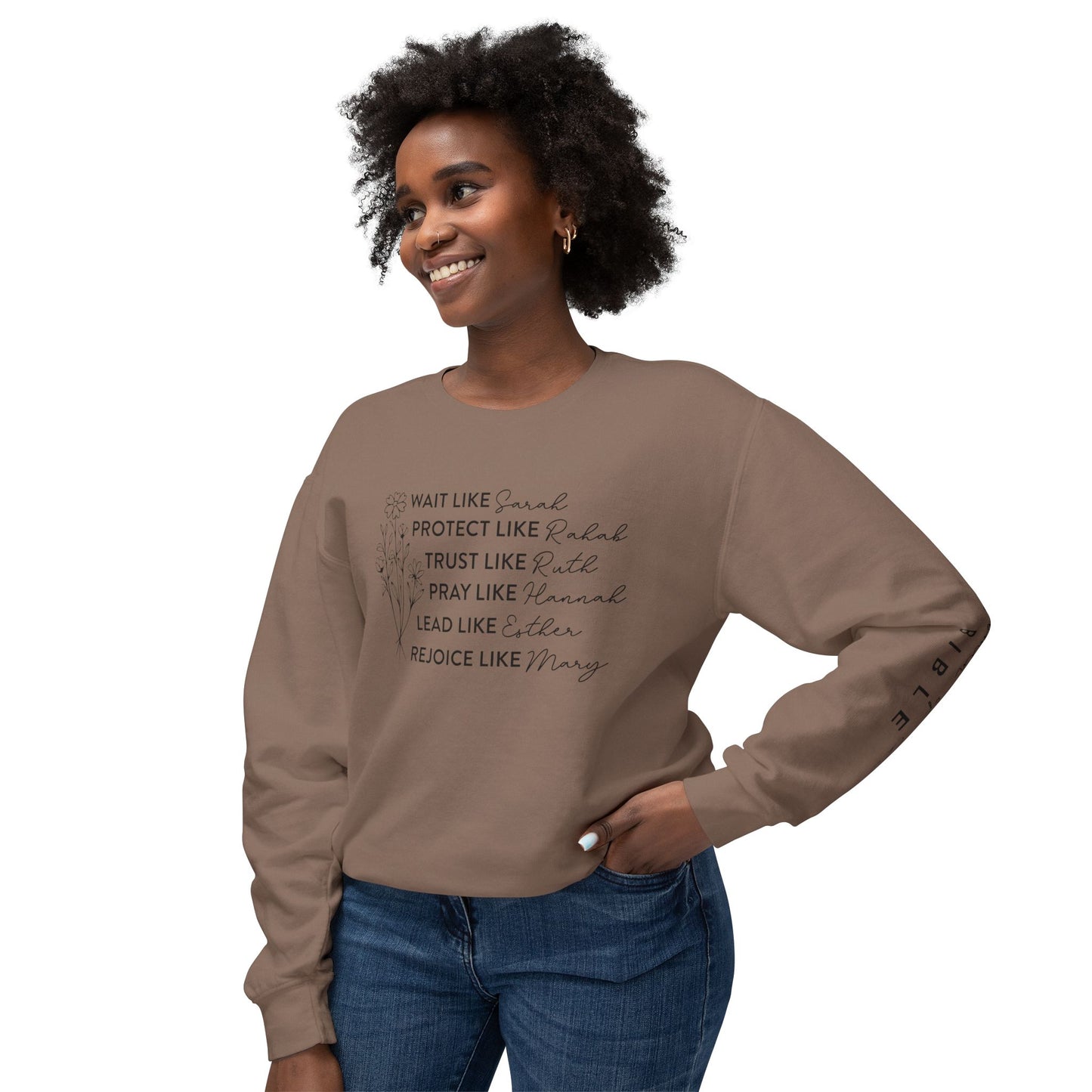 Inspirational Sweatshirt - Wait, Protect, Trust, Pray, Rejoice Like Women of the Bible, Front and Sleeve - Unisex Crewneck for Faith & Empowerment, Gift for Women, [...]