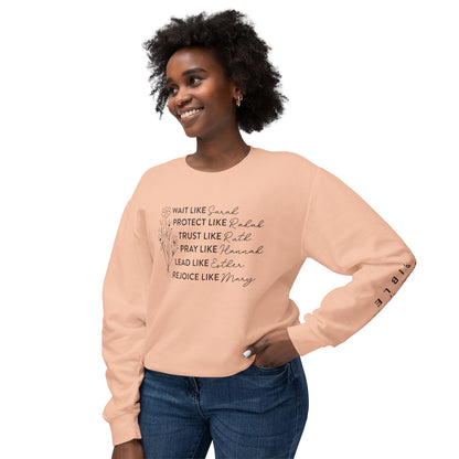 Inspirational Sweatshirt - Wait, Protect, Trust, Pray, Rejoice Like Women of the Bible, Front and Sleeve - Unisex Crewneck for Faith & Empowerment, Gift for Women, [...]