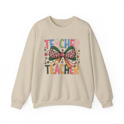 Teacher Bow Cheetah Print Gildan Crewneck Sweatshirt