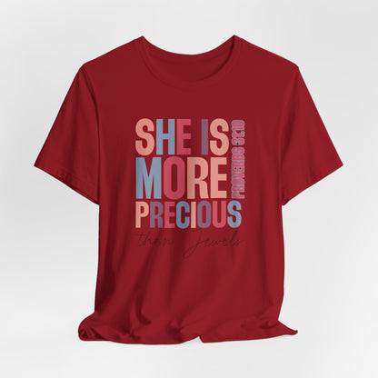 She Is More Precious Short Sleeve Tee | Faith-Based Gift, Christian Apparel, Motivational T-Shirt, Women's Style, Thoughtful Gift