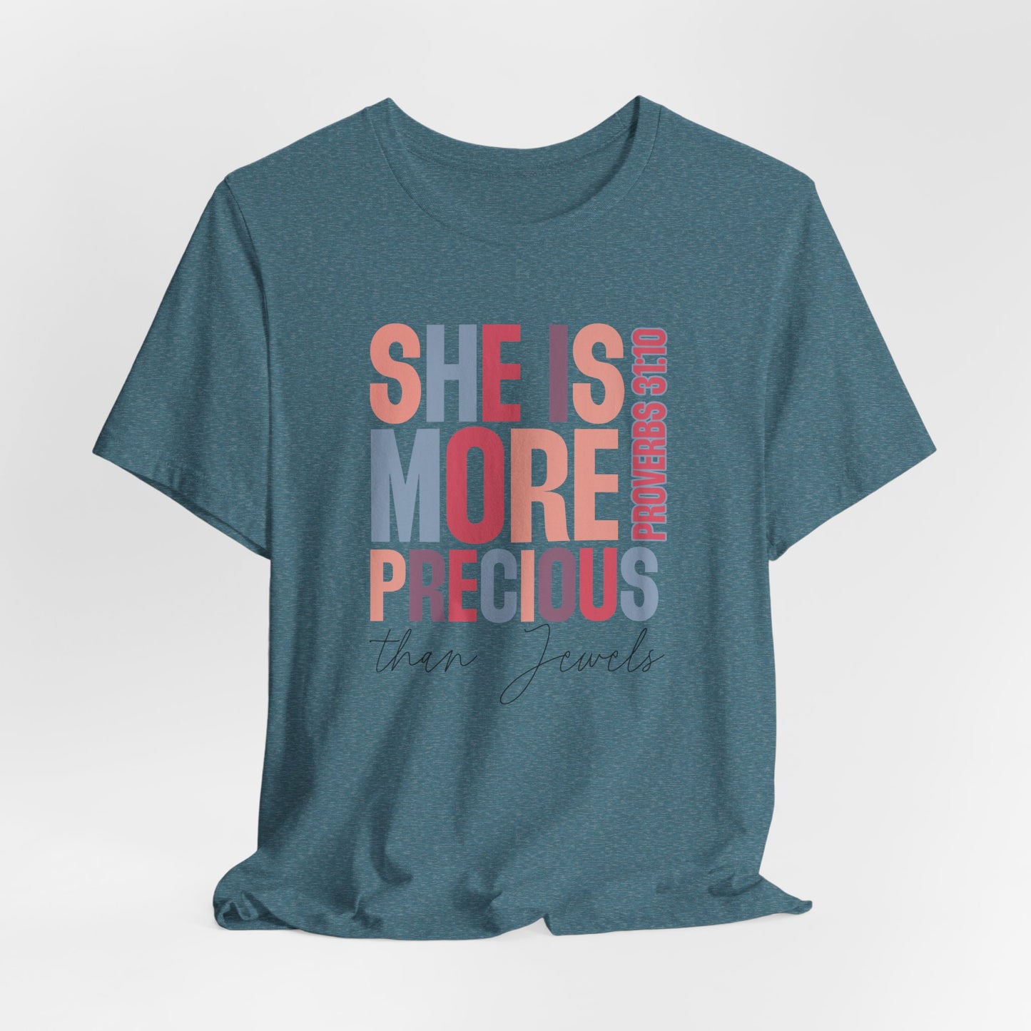 She Is More Precious Short Sleeve Tee | Faith-Based Gift, Christian Apparel, Motivational T-Shirt, Women's Style, Thoughtful Gift