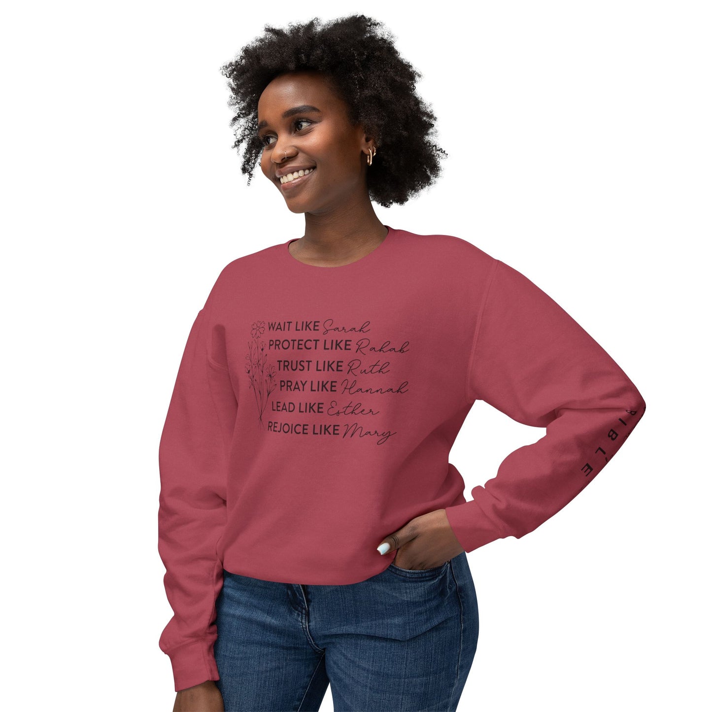 Inspirational Sweatshirt - Wait, Protect, Trust, Pray, Rejoice Like Women of the Bible, Front and Sleeve - Unisex Crewneck for Faith & Empowerment, Gift for Women, [...]