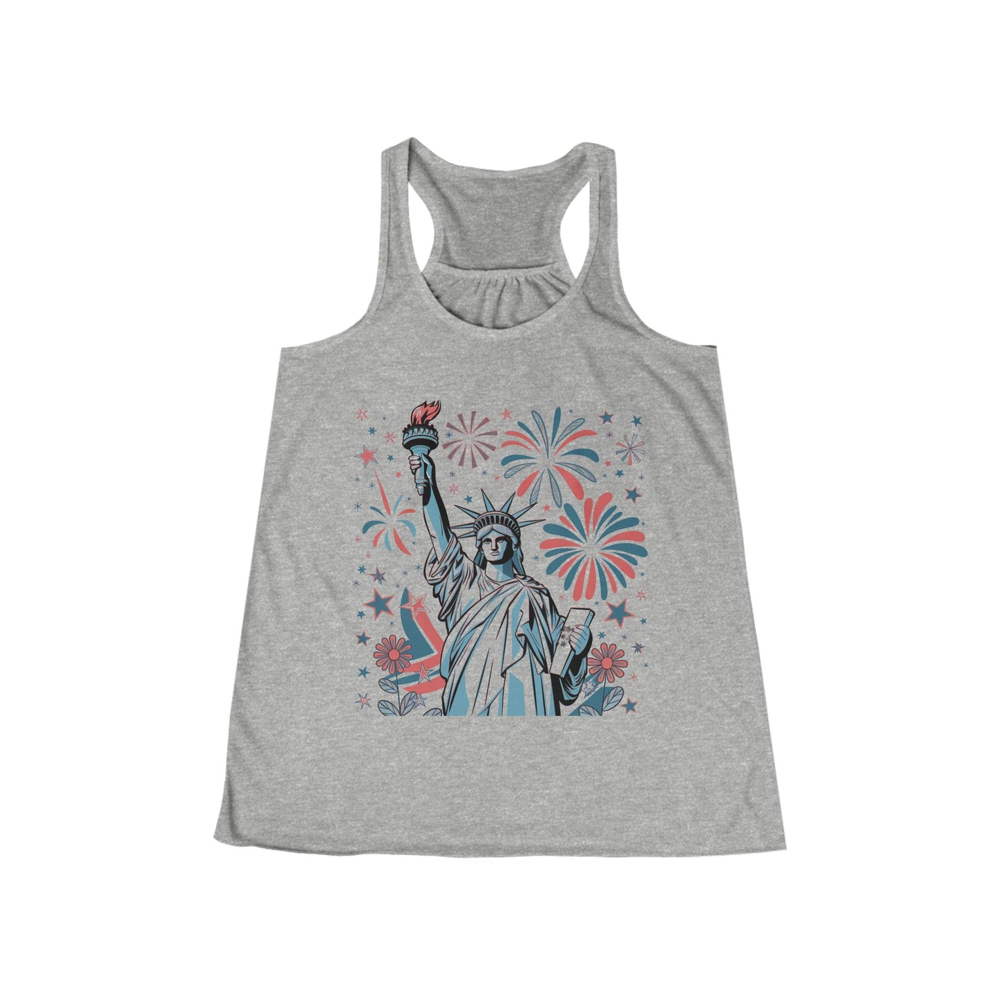 Patriotic Women's Flowy Racerback Tank - Liberty & Fireworks Design